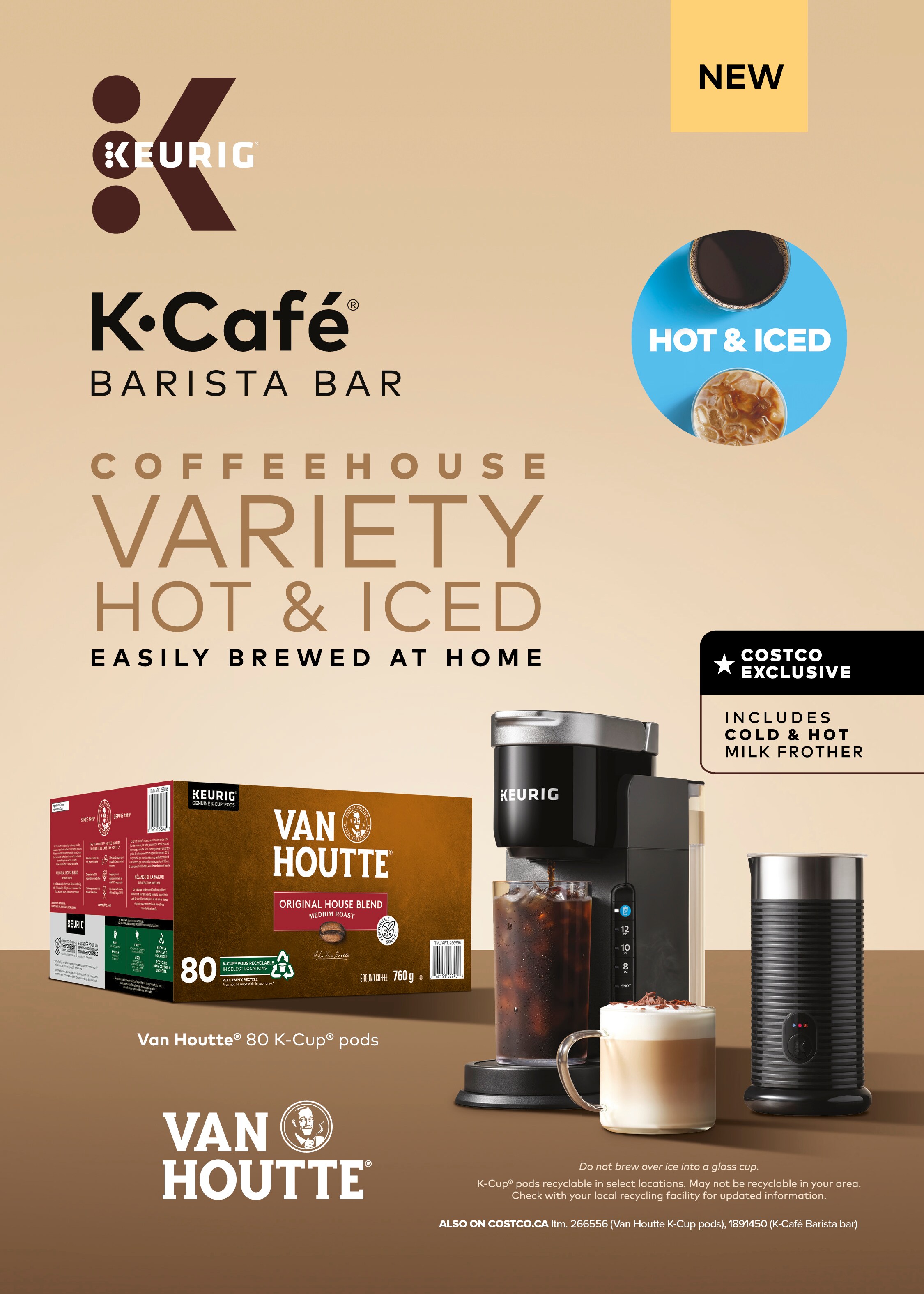 Ad for Keurig K-Café Barista Bar, featuring coffee machines and Van Houtte pods, with text promoting home brewing