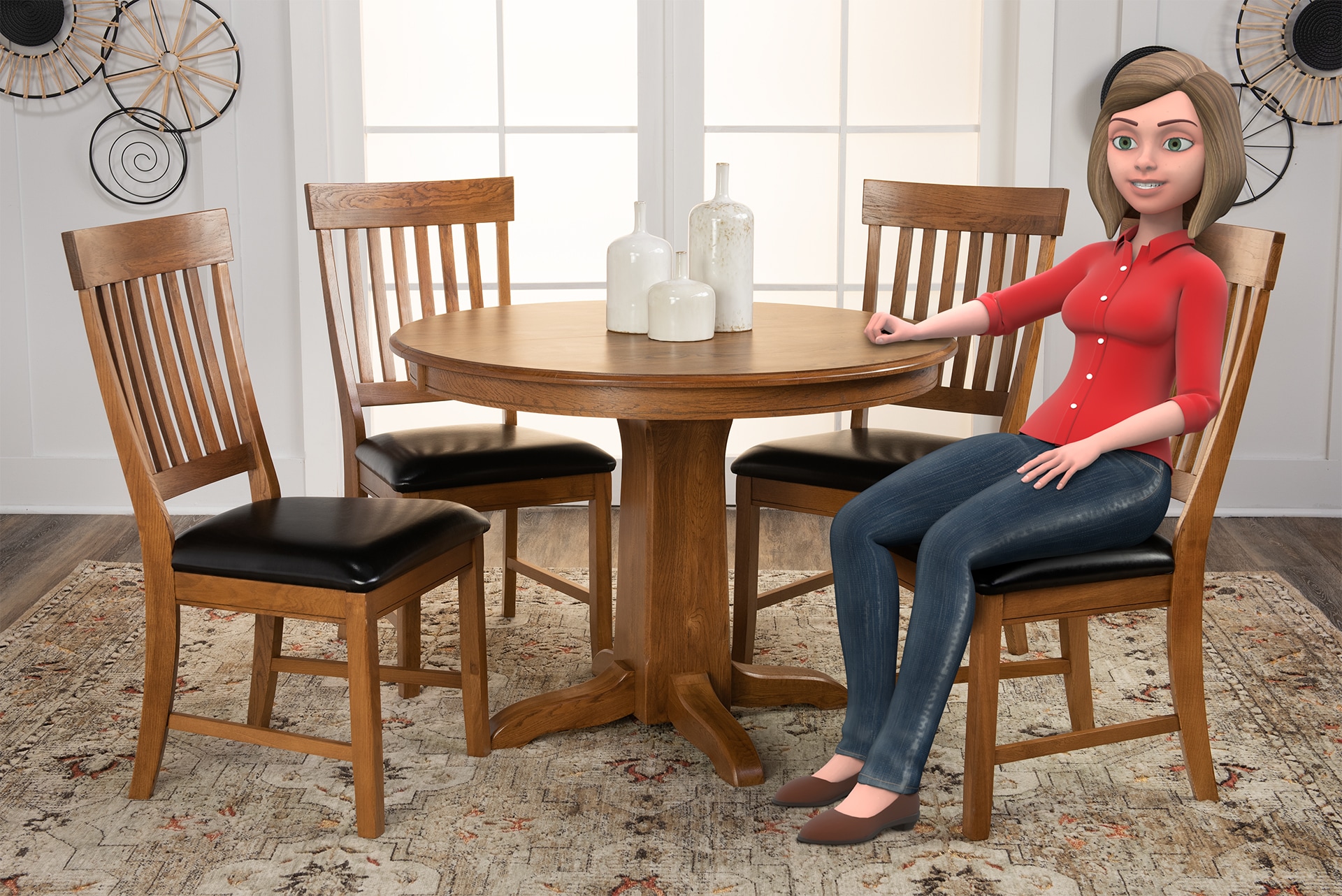 3D animated woman sitting at a wooden dining table in a room with bicycle decor