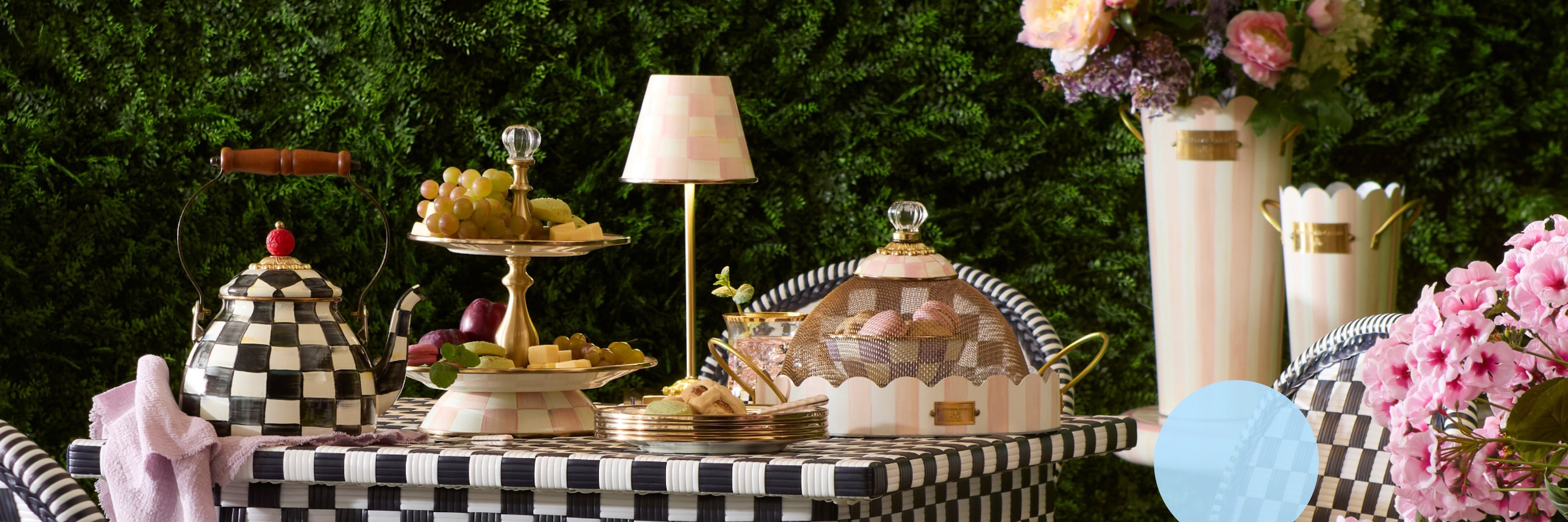 plenty of summer ready essentials - image features a beautiful outdoor entertaining & decor moment with rosy check and courtly check