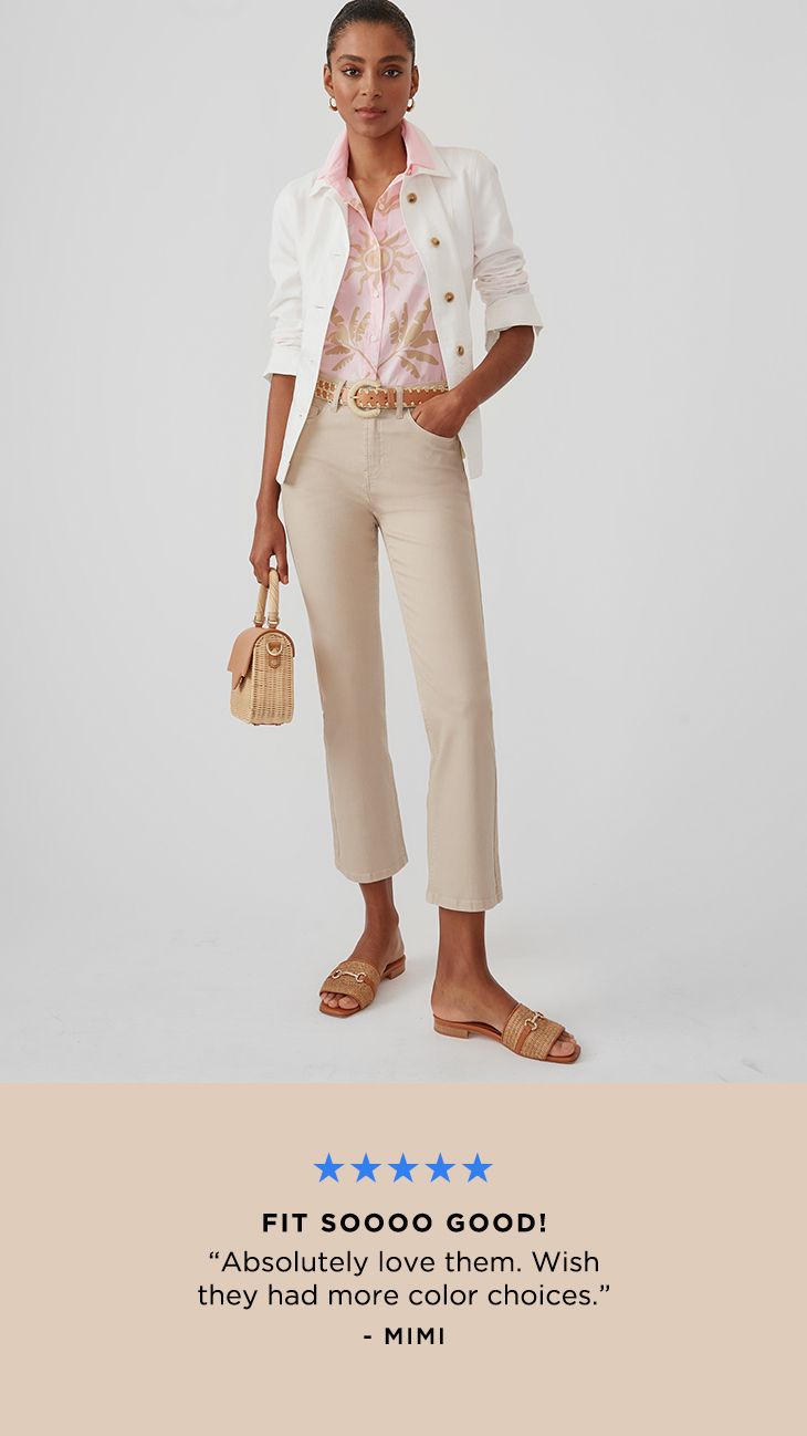 Woman in beige trousers and white jacket holding a small bag, with a customer review overlay