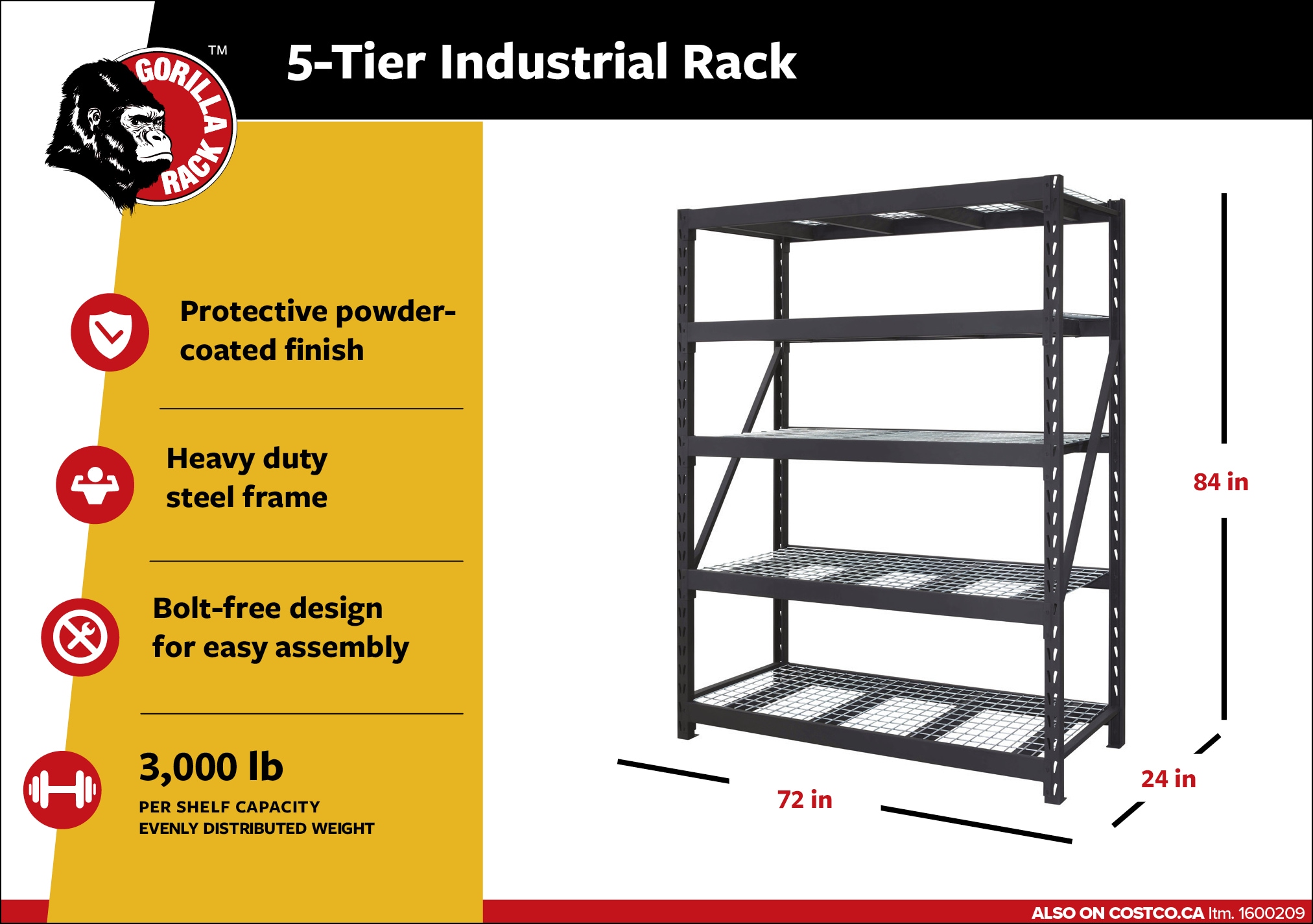 Ad for 5-Tier Industrial Rack highlighting powder-coated finish, heavy-duty frame, bolt-free design, and 3,000 lb capacity