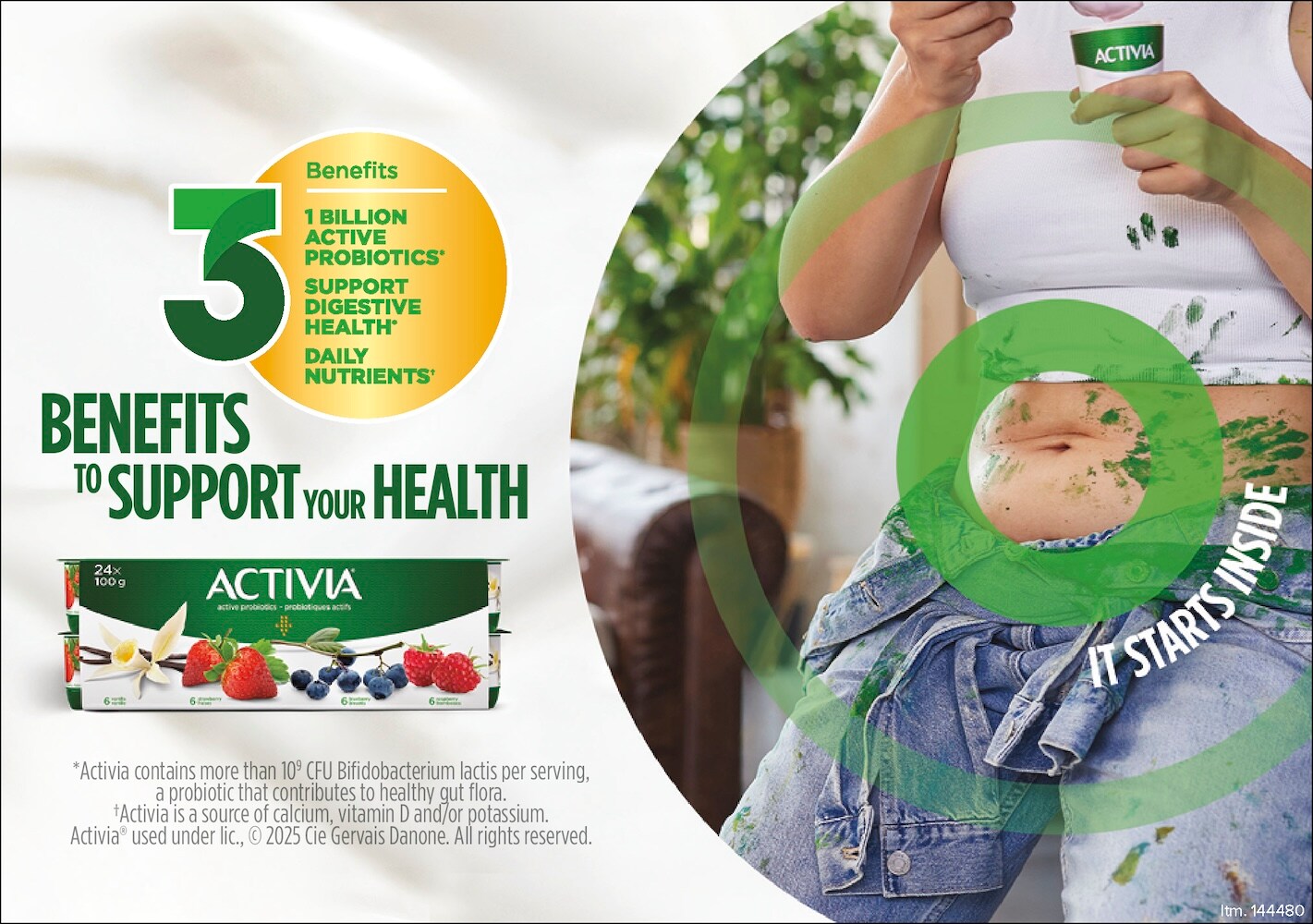 Ad for Activia yogurt showing a woman holding a cup, with text highlighting health benefits