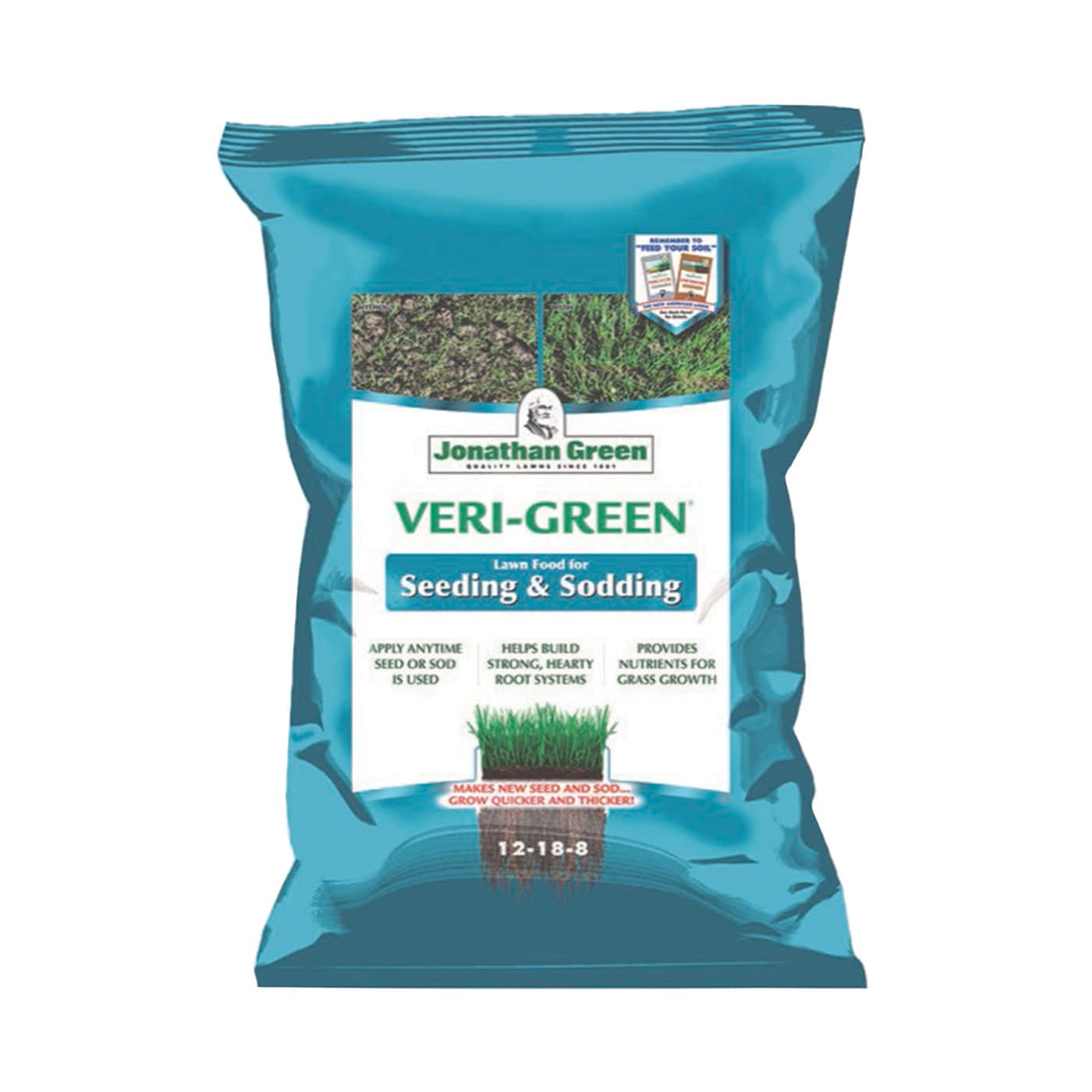 Bag of Veri-Green seedling and sodding fertilizer on a blue background