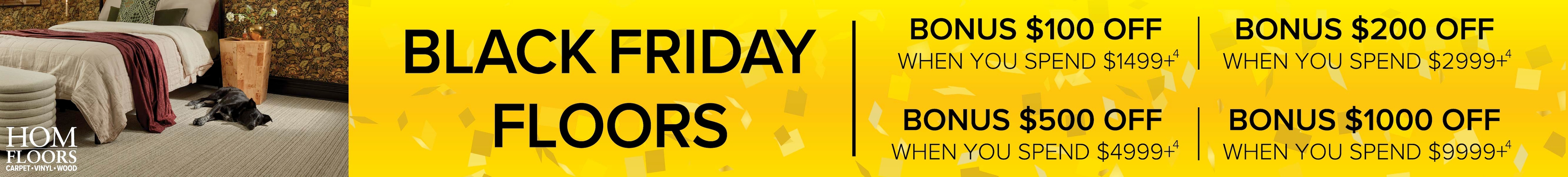 Promotional banner for Black Friday floor sales featuring multiple discount tags