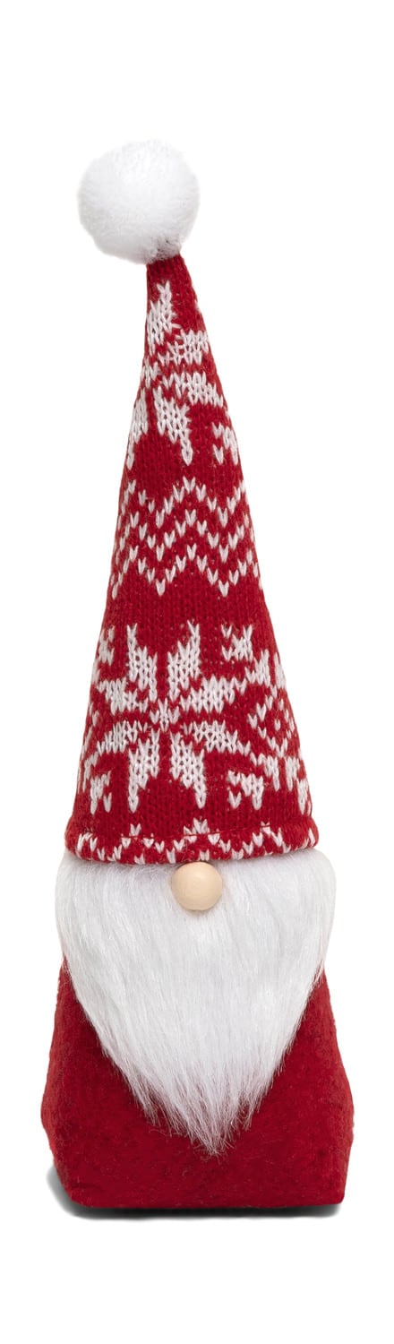 Decorative Christmas gnome with a long red and white patterned hat and fluffy white beard