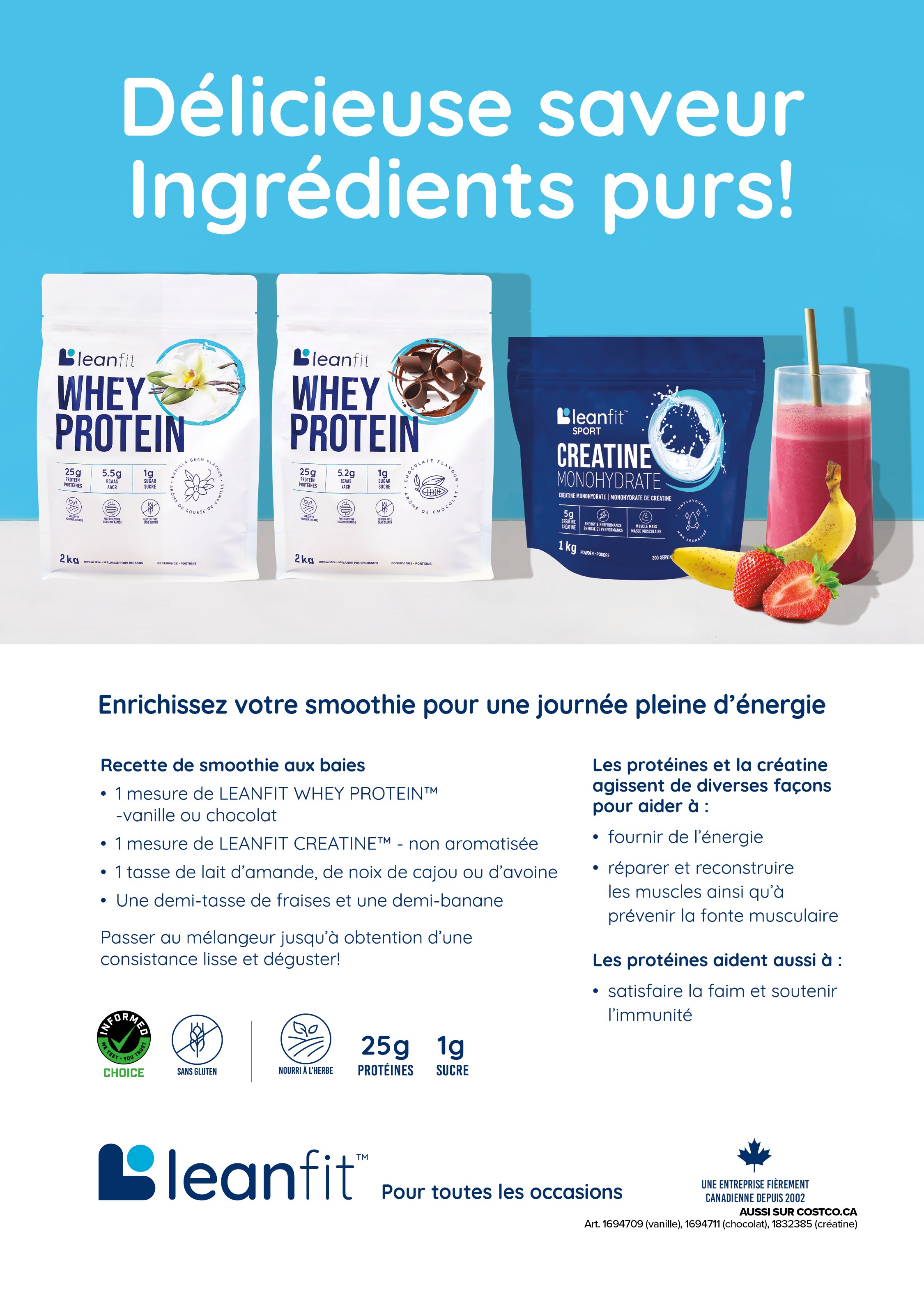 Publicité pour Leanfit, montrant de la protéine de lactosérum et de la créatine avec un smoothie aux fruits