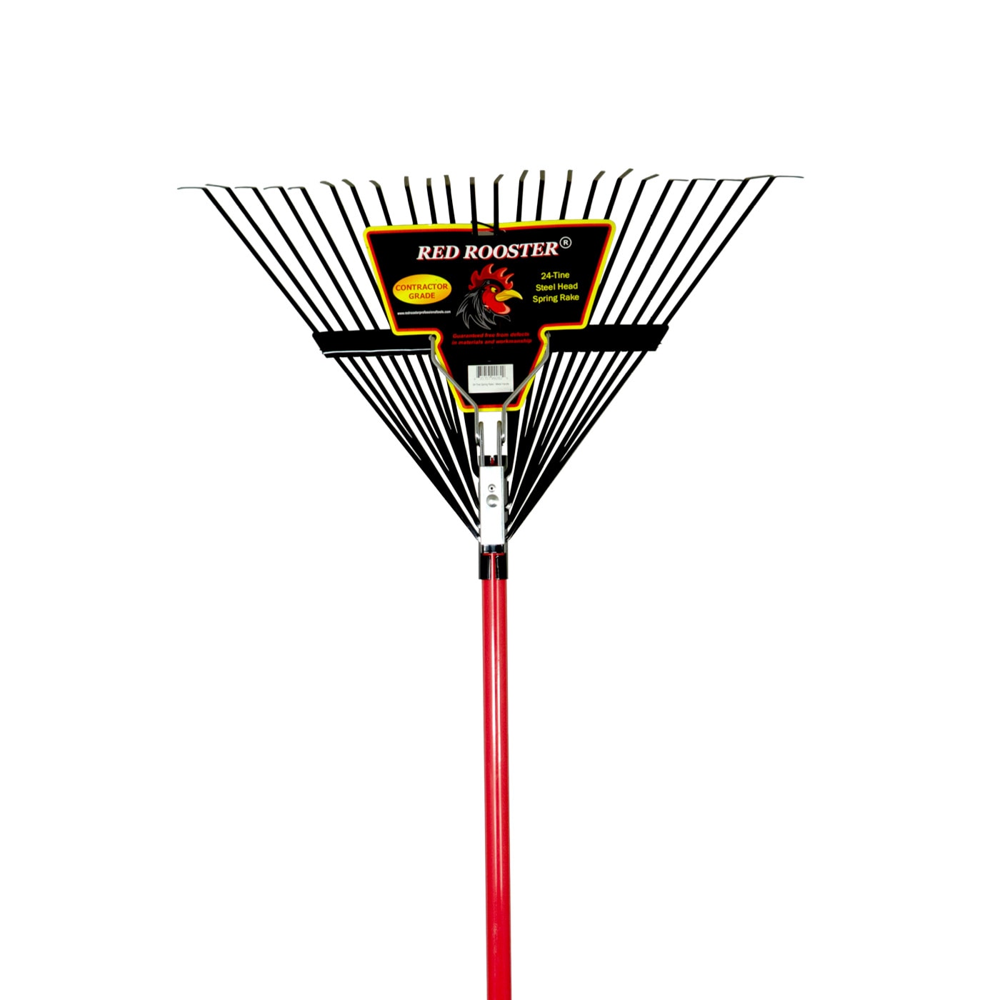 Metal leaf rake with red handle and black tines, isolated on white background
