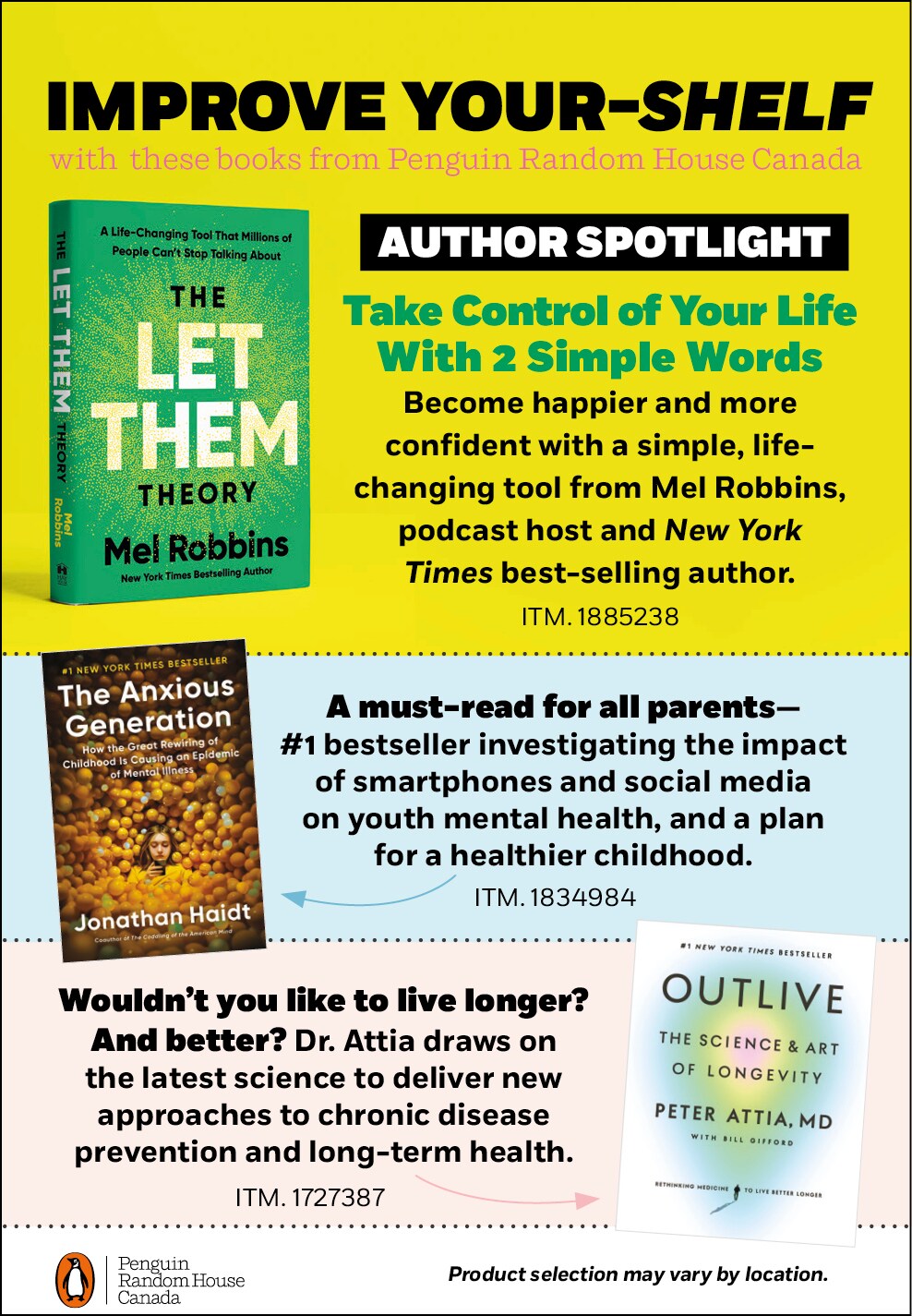 Ad for "Improve Your Shelf" featuring books by Mel Robbins and others, focusing on self-improvement and health