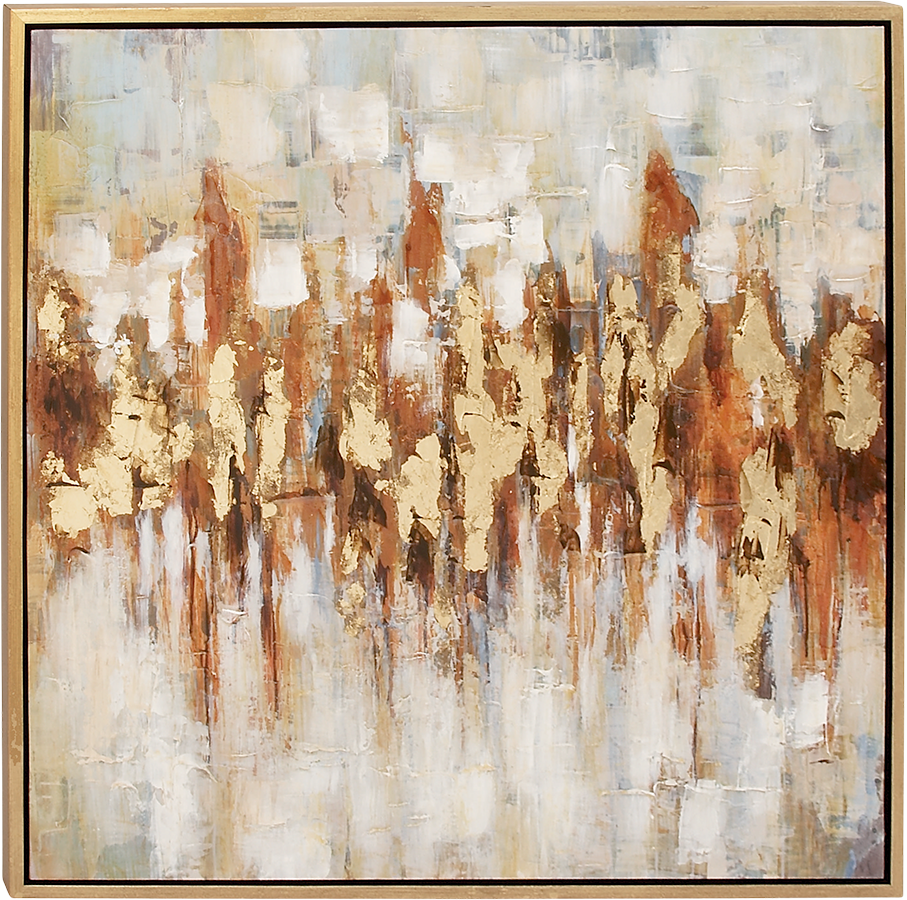 Abstract painting with textured strokes of white, gold, and brown tones in a square frame