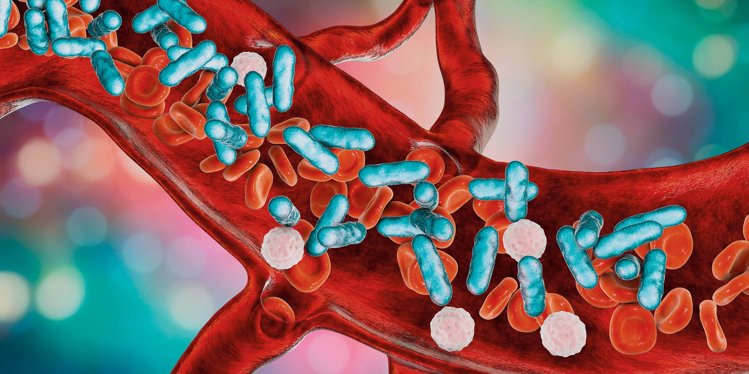 Représentation artistique de médicaments circulant dans une artère, fond flou coloré