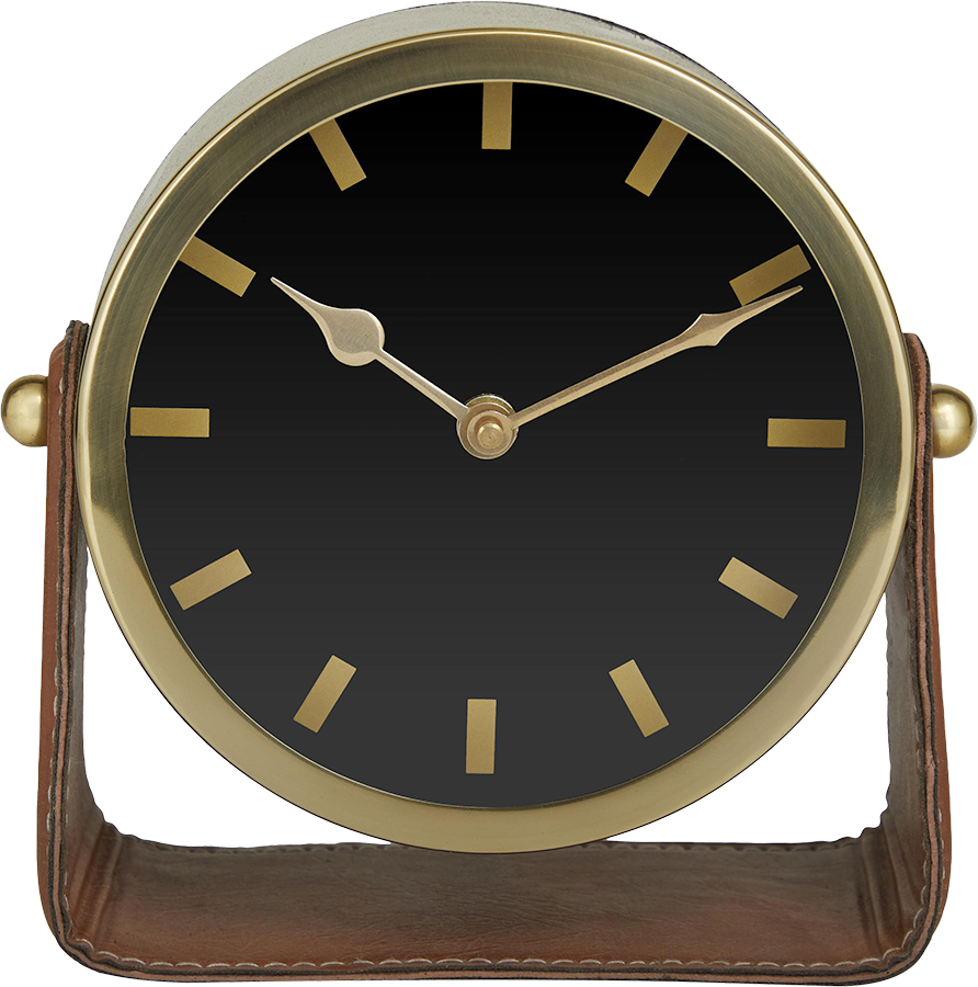 Vintage brass desk clock with a black face and gold markers