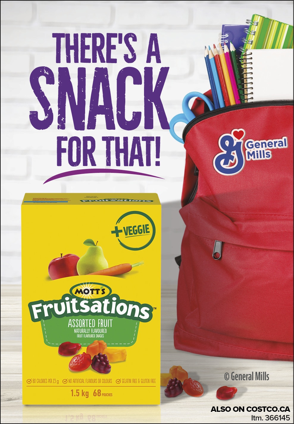 Ad for Mott's Fruitsations snacks beside red backpack with school supplies, slogan "There's a Snack for That