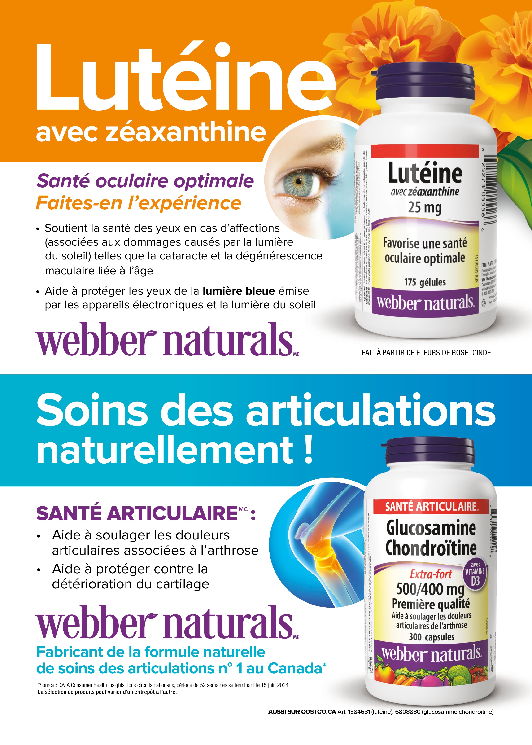 Publicité pour les suppléments Webber Naturals avec images de produits et avantages pour la santé visuelle et articulaire