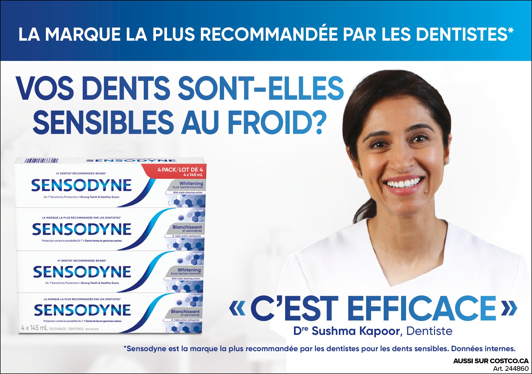Publicité pour Sensodyne, montrant une femme souriante, avec texte et produits pour dents sensibles