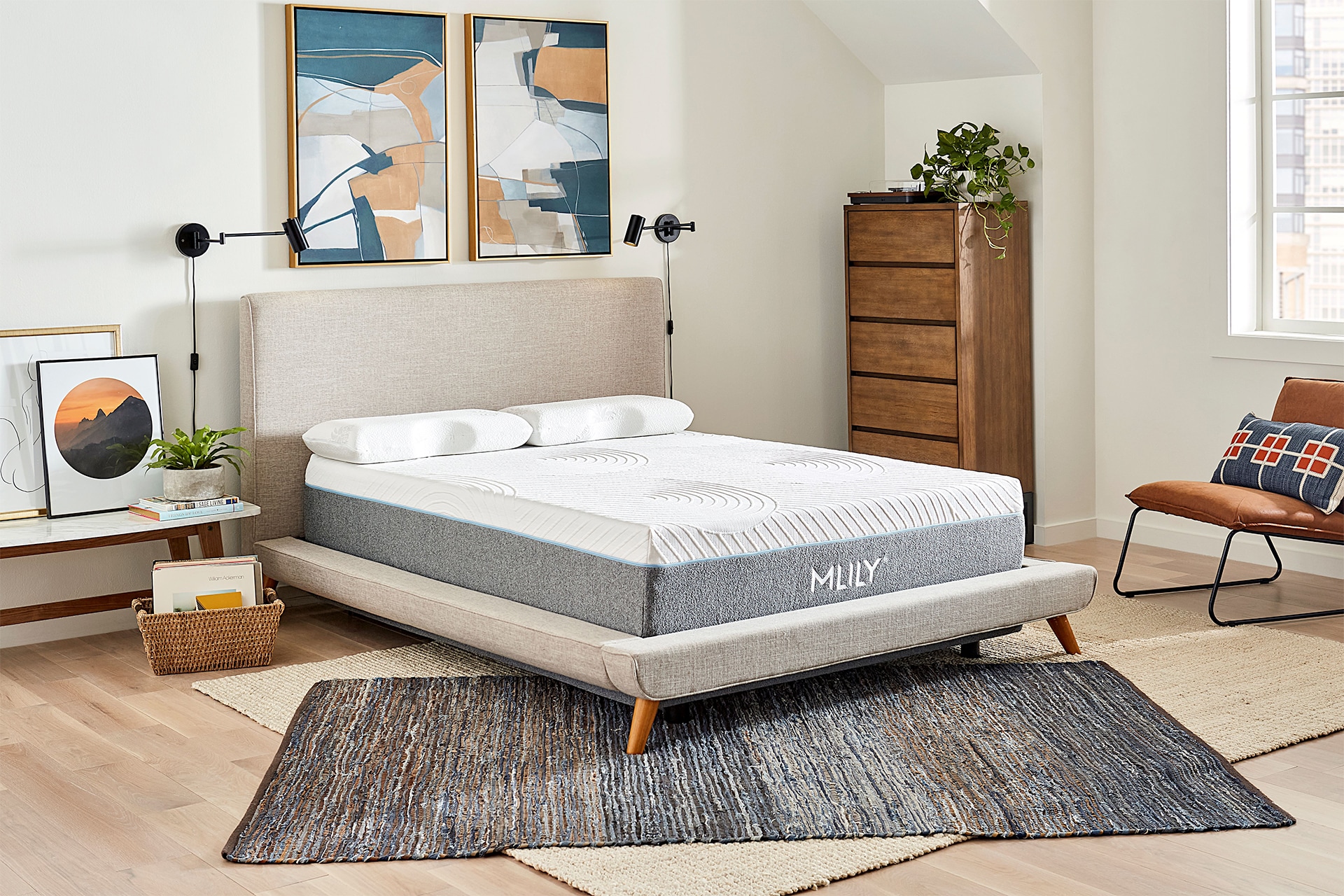 Modern bedroom with a minimalist designed bed and stylish furniture