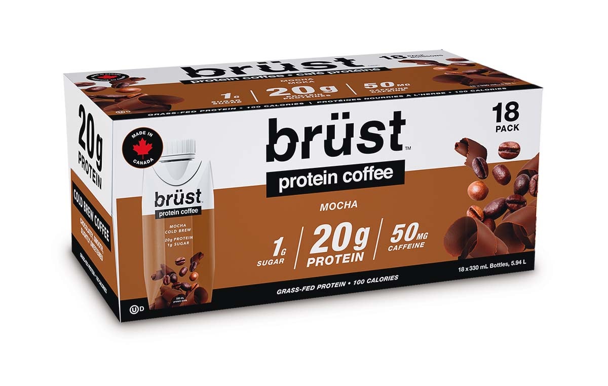 Boîte de Brüst, café protéiné saveur chocolat, 18 unités. Ad pour Brüst