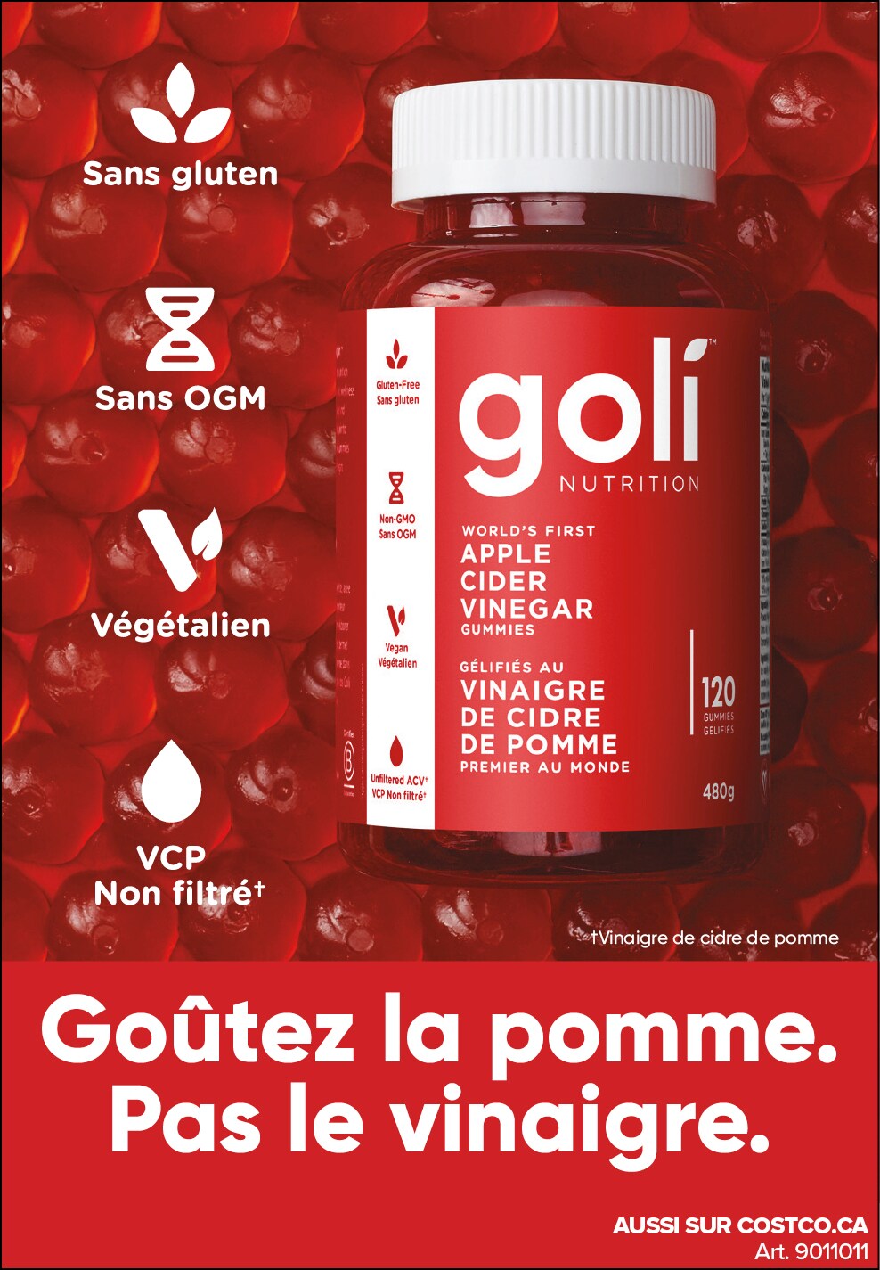 Publicité pour Goli Nutrition, gélules de vinaigre de cidre de pomme, avec le slogan "Goûtez la pomme. Pas le vinaigre