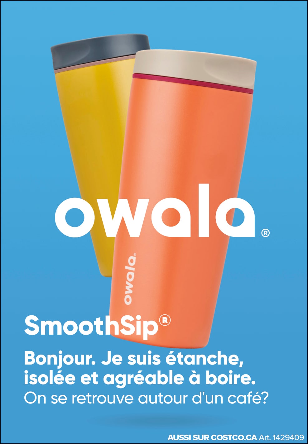 Publicité Owala pour gobelets isolants SmoothSip en jaune et rouge sur fond bleu