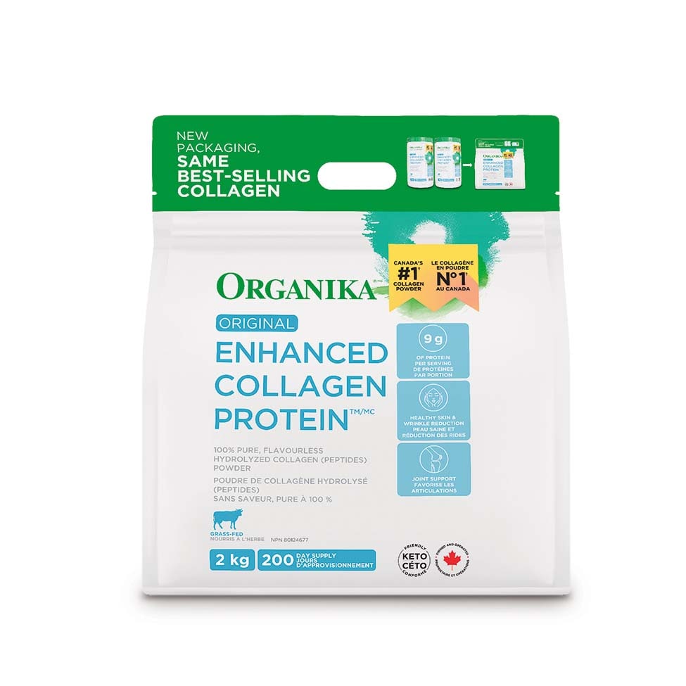 Publicité pour le Enhanced Collagen Protein d'Organika, emballage blanc avec logo vert