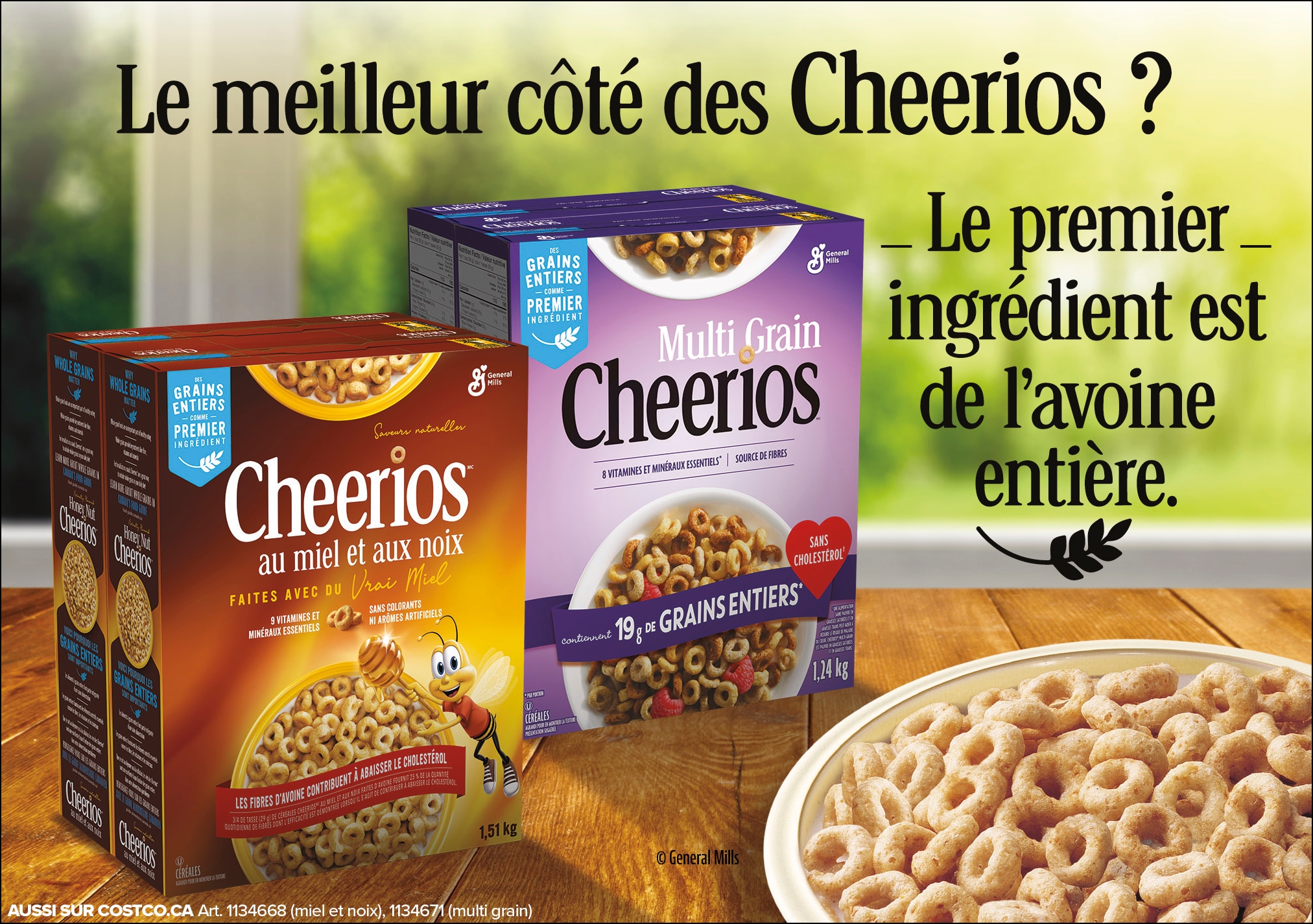 Publicité pour Cheerios avec des boîtes de céréales et un bol de Cheerios sur une table