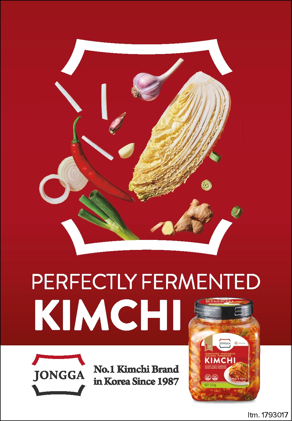 Ad for Jongga Kimchi featuring a jar of kimchi, ingredients, and text "Perfectly Fermented Kimchi, No.1 Brand in Korea Since 1987"