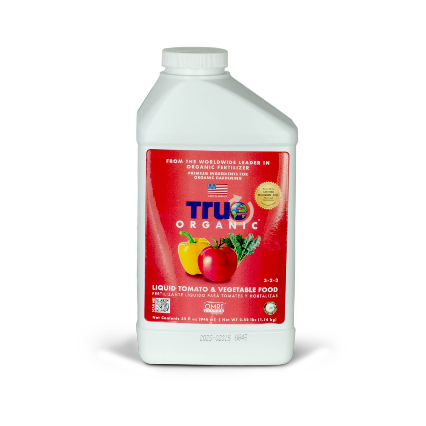 Bottle of True Organic tomato and vegetable juice on a white background