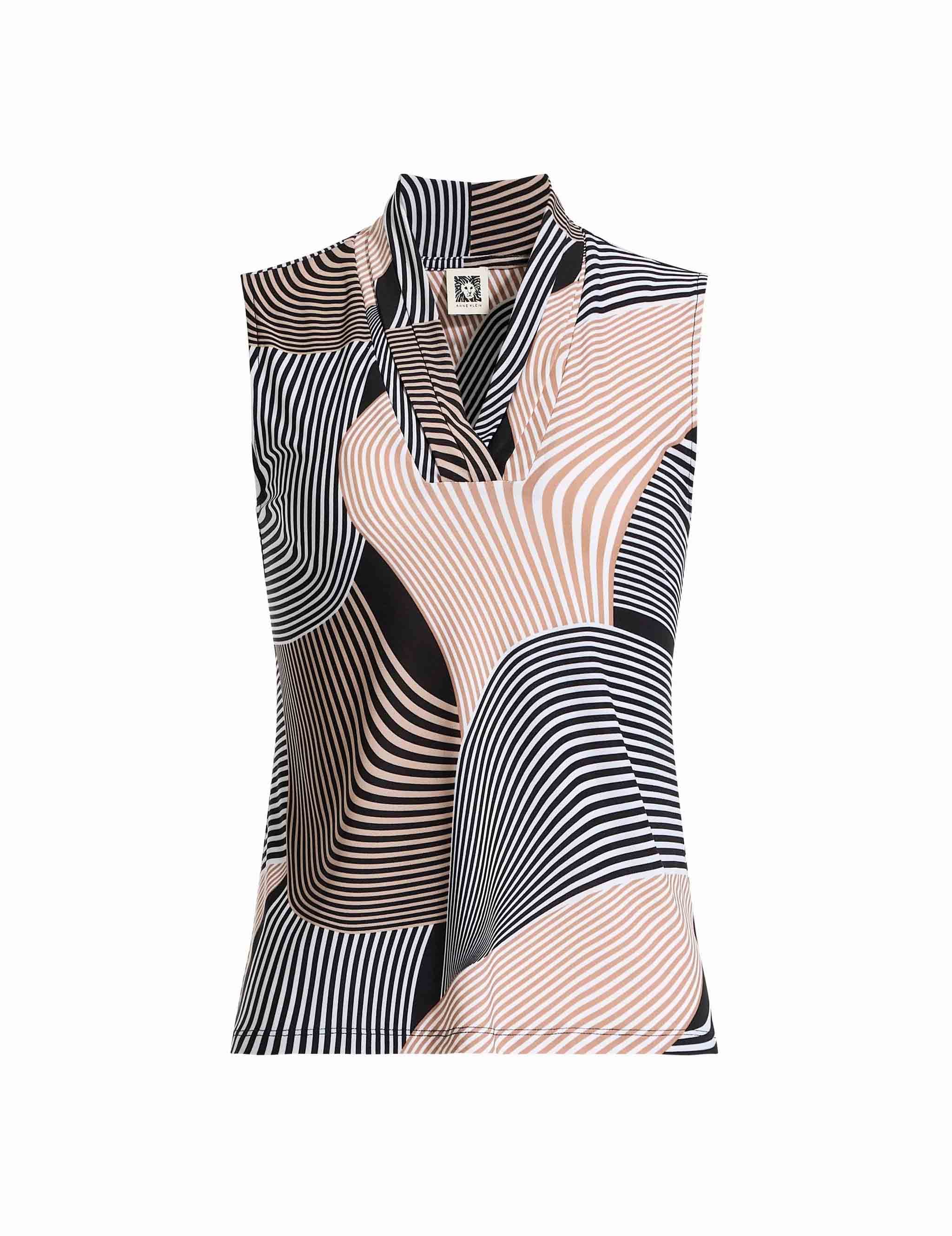Sleeveless top with a high neck and geometric stripe pattern in black, white, and pink
