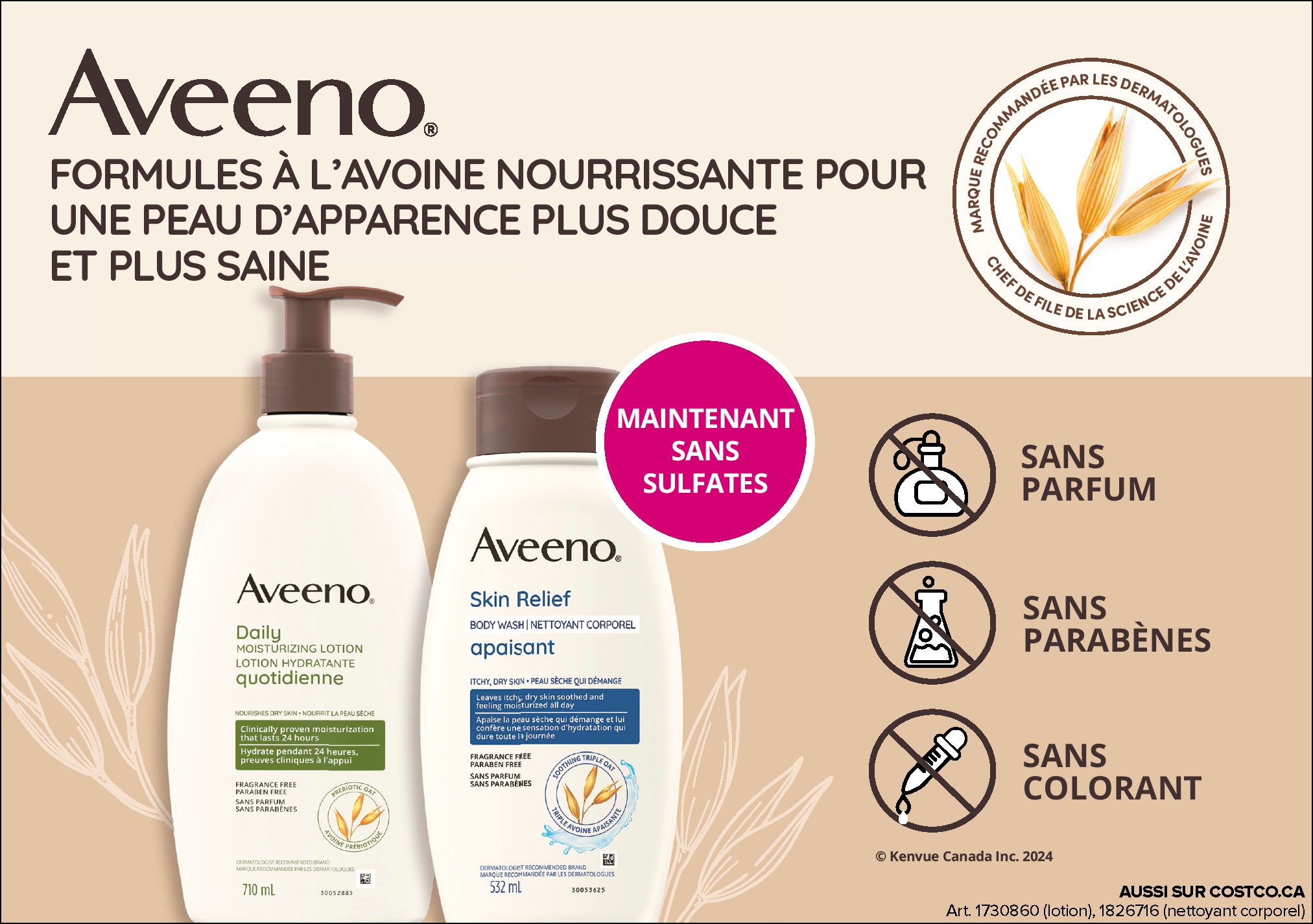 Publicité Aveeno présentant des produits de soins corporels sans sulfates, parabens ni colorants