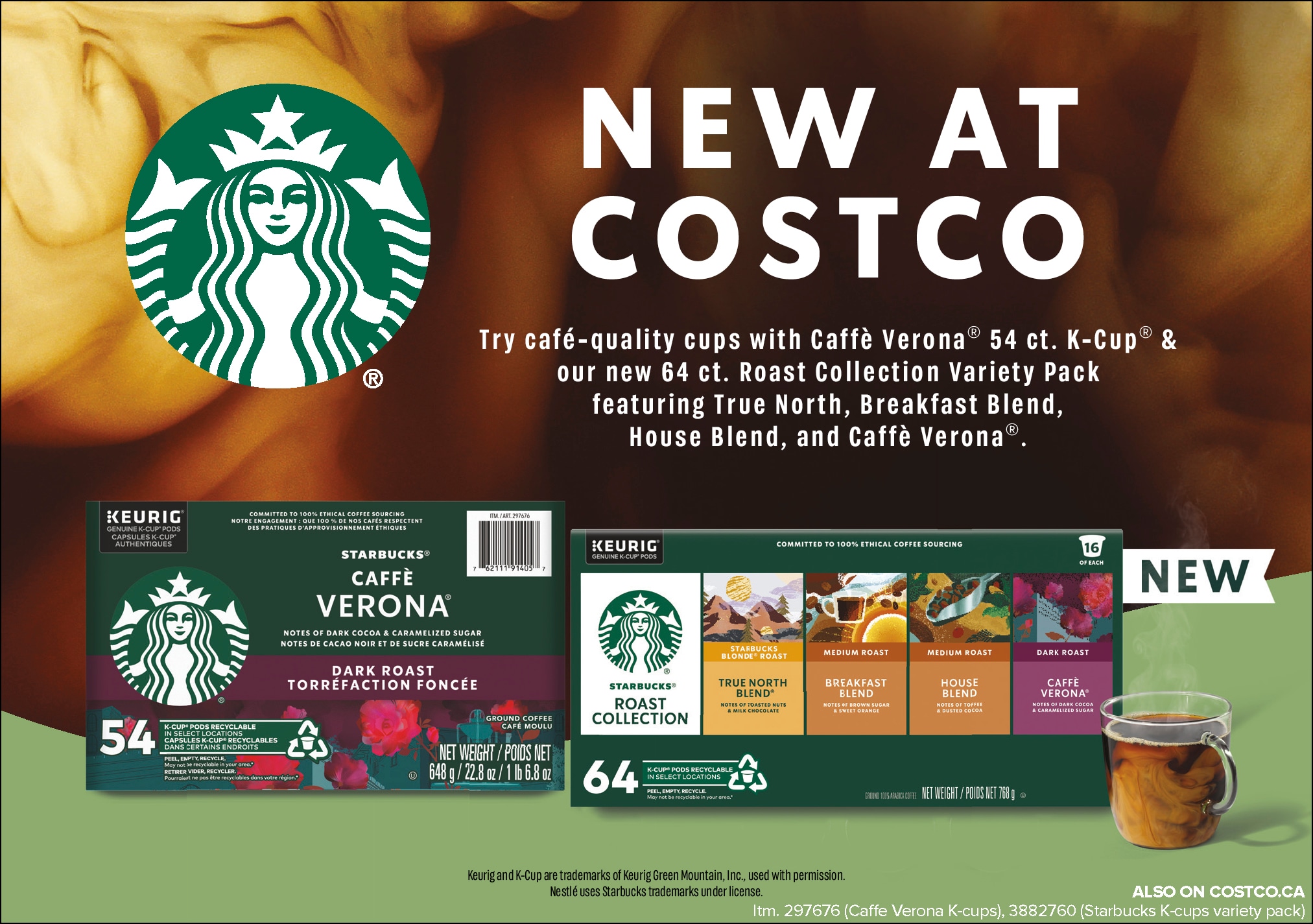 Ad for new Starbucks coffee K-Cup pods at Costco, featuring Verona and other blends