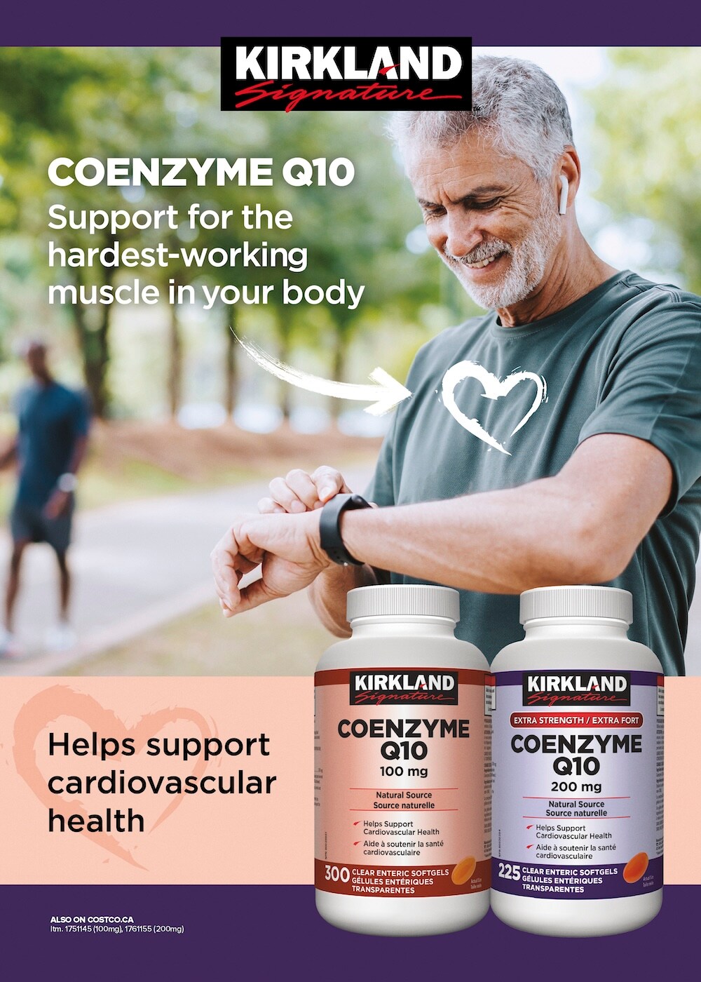 Ad for Kirkland Coenzyme Q10 supplements featuring a senior man checking fitness tracker, with product images and health benefits