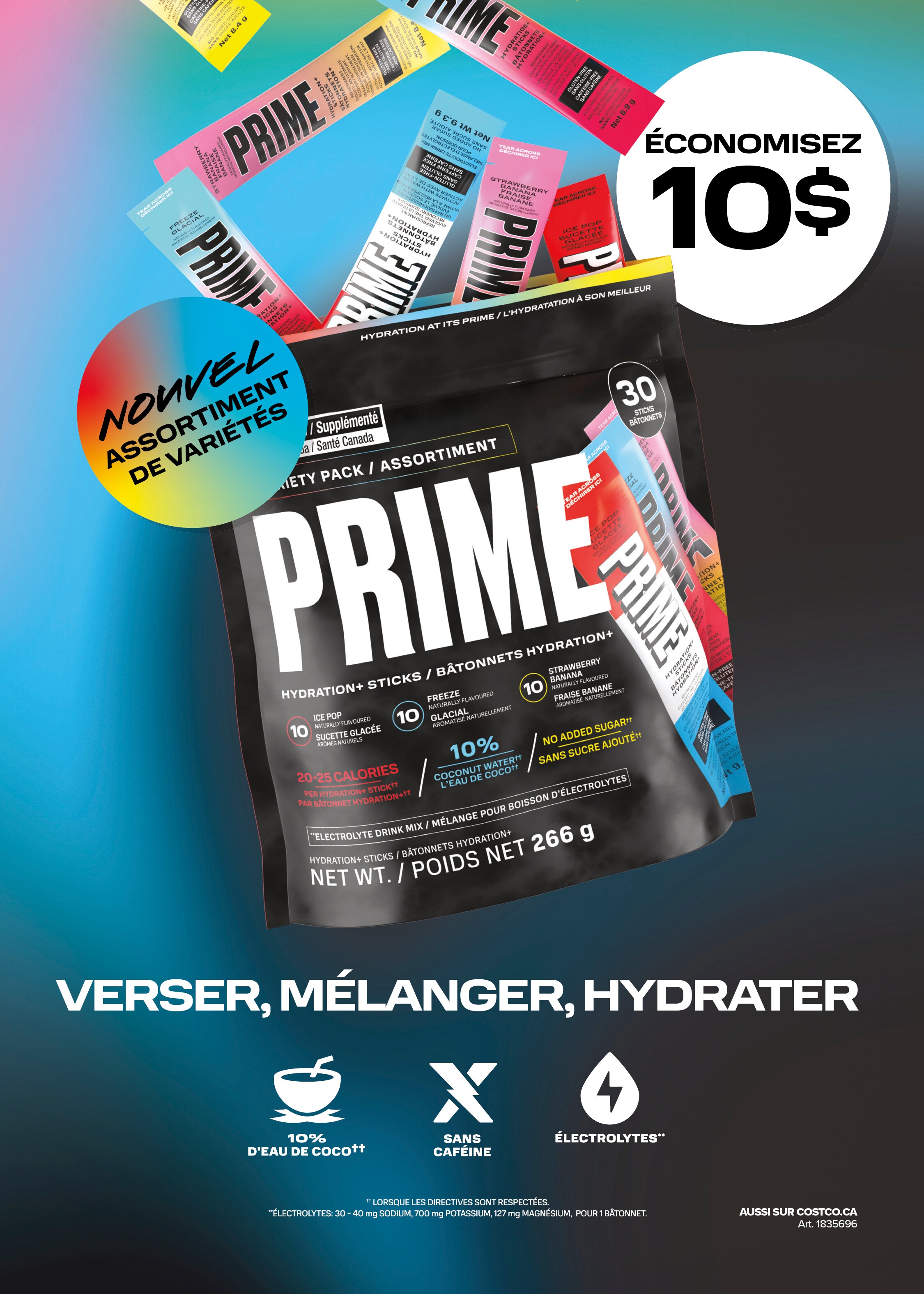 Publicité pour Prime Hydration, montrant un sachet de boisson et des tubes à saveurs variées avec une économie de 10$