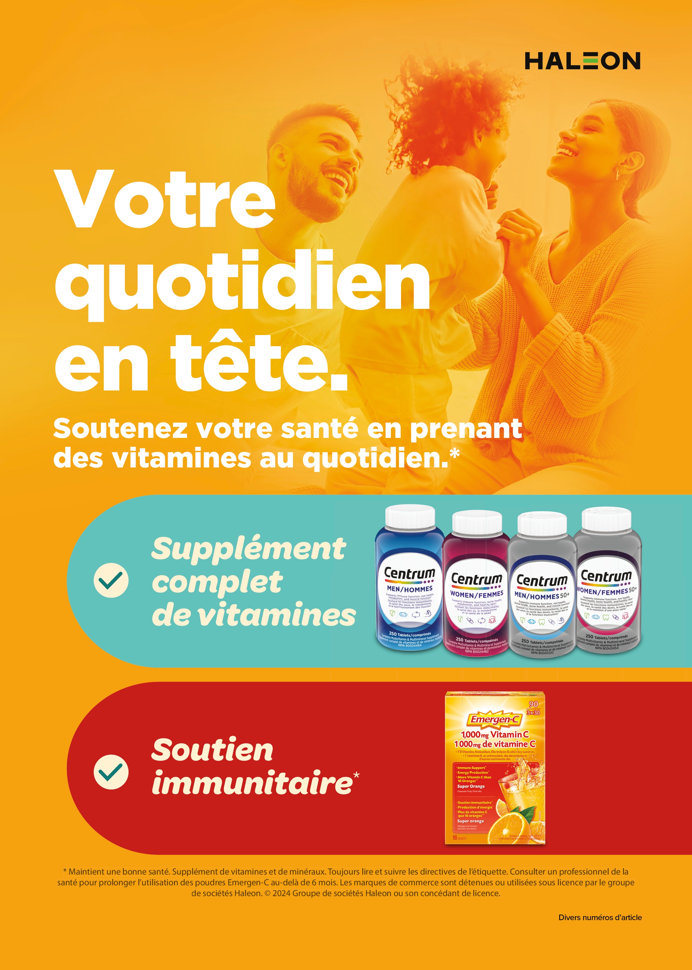 Publicité Halon pour suppléments vitaminiques, incluant du texte et des images de produits avec deux personnes riant en arrière-plan