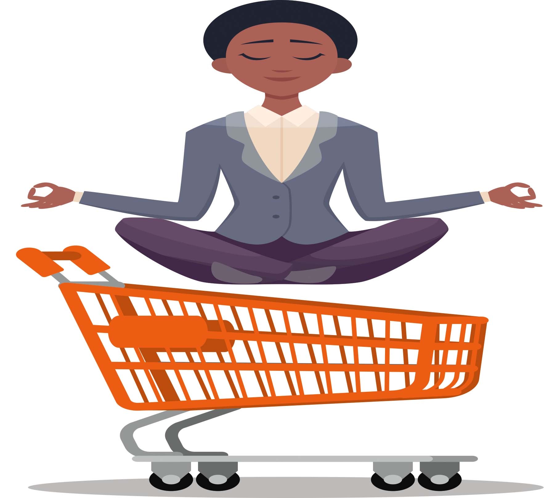 Femme méditant dans un caddie, possiblement une publicité pour le shopping détendu