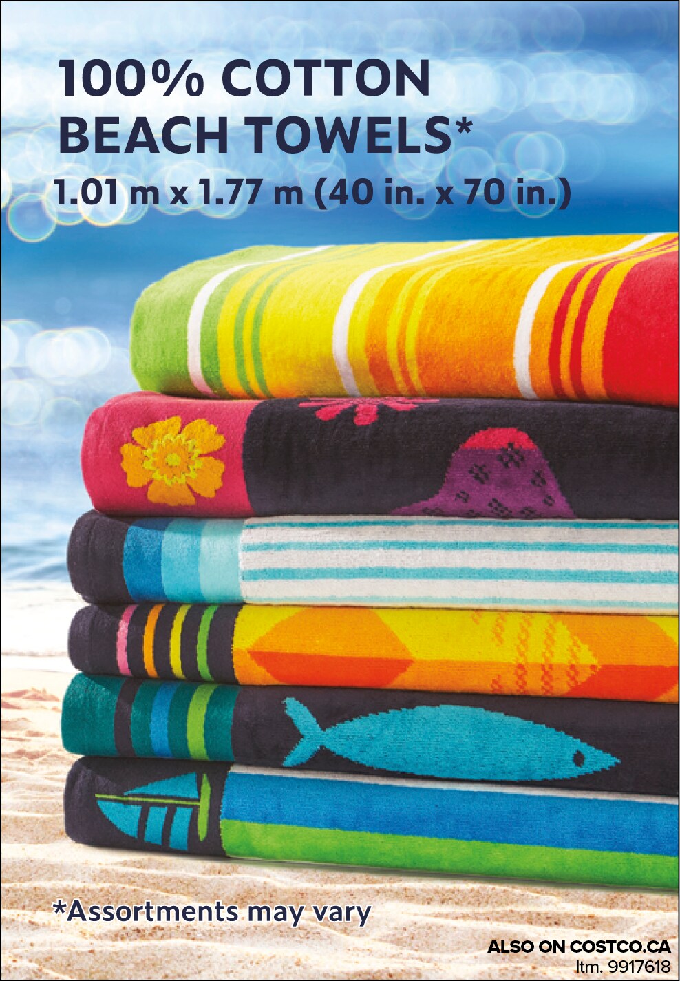 Ad for colorful 100% cotton beach towels available in various designs, dimensions specified, available at Costco.ca