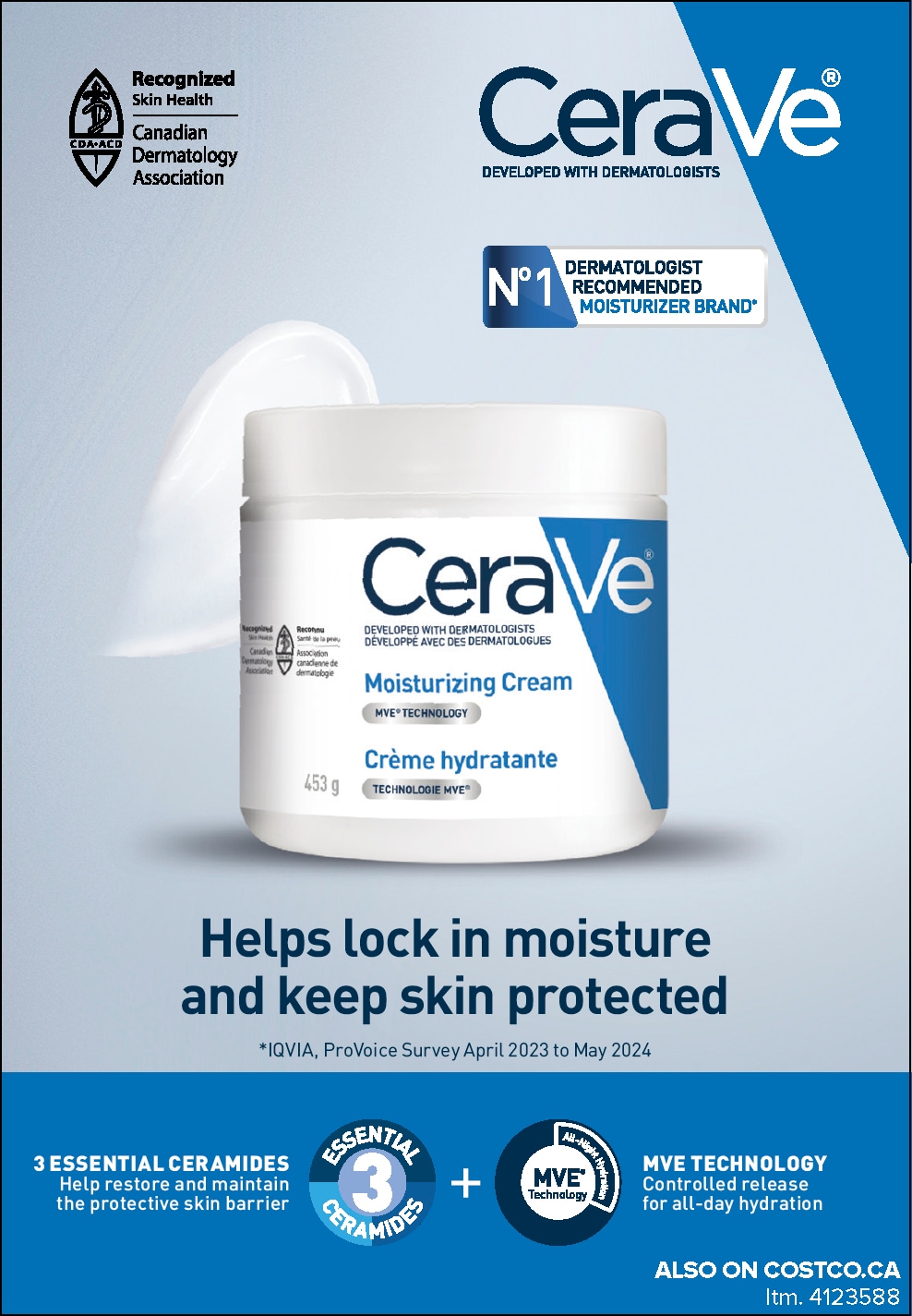 Ad for CeraVe Moisturizing Cream: Jar image with captions on skincare benefits, visible also on Costco.ca