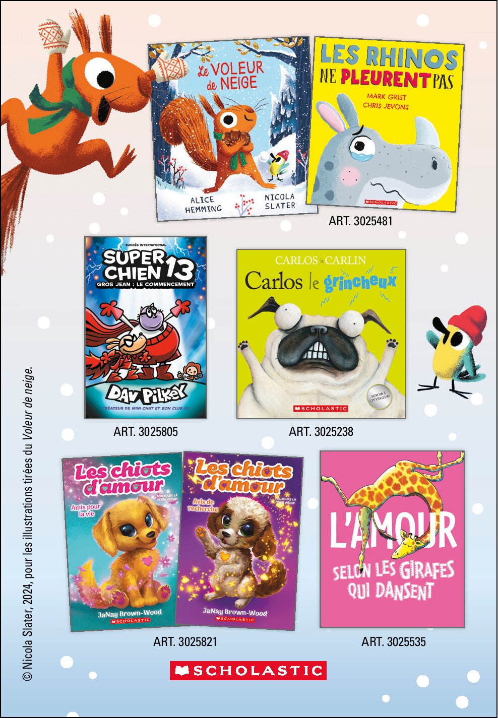 Publicité Scholastic pour des livres pour enfants, incluant divers titres colorés et illustrations d'animaux