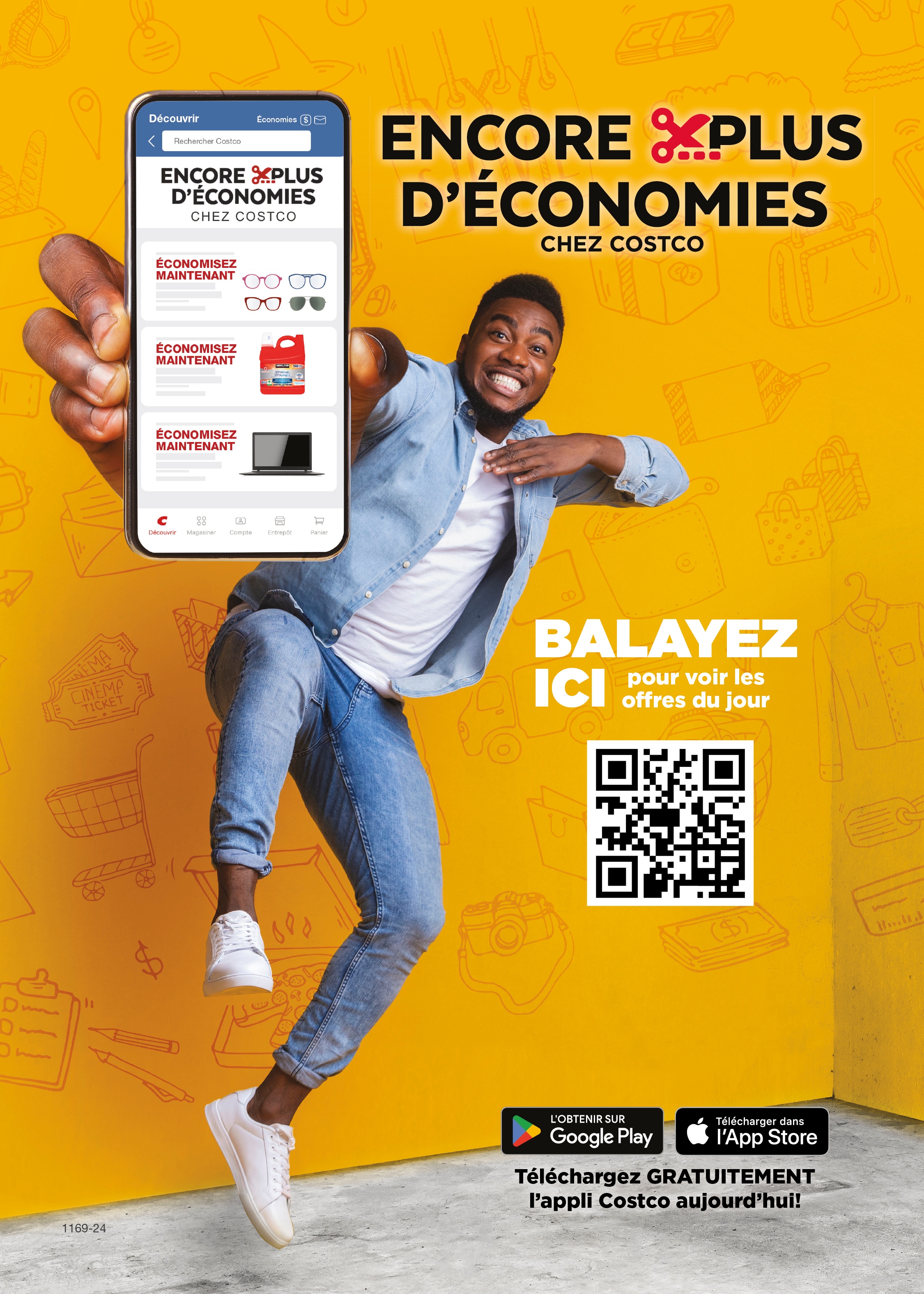 Publicité de Costco avec un homme joyeux présentant une application sur un mobile, fond jaune, texte et QR code