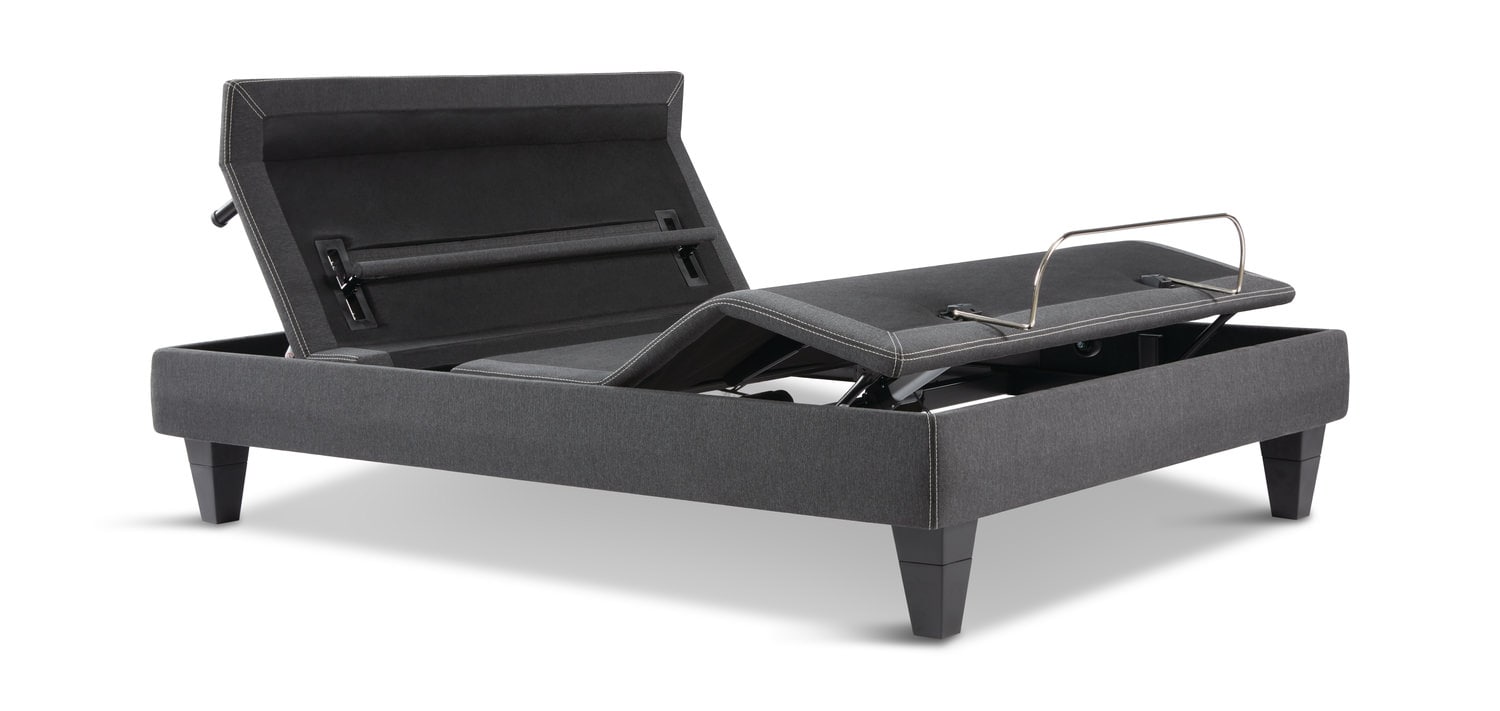 Adjustable black bed base with open storage compartment