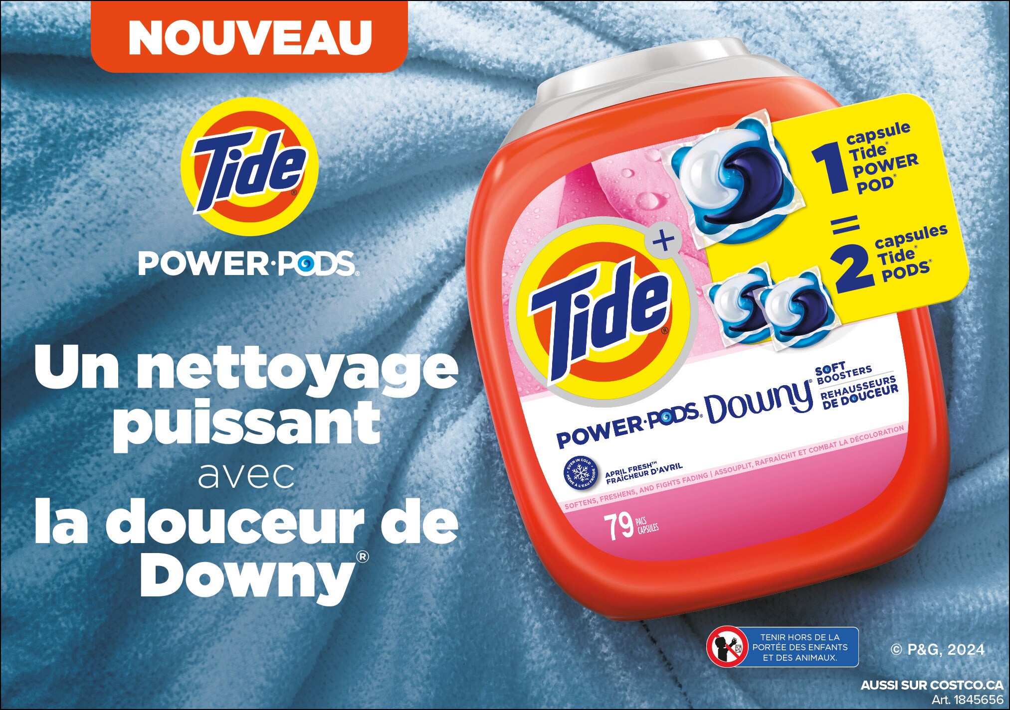 Publicité pour Tide Power Pods avec Downy pour un nettoyage puissant