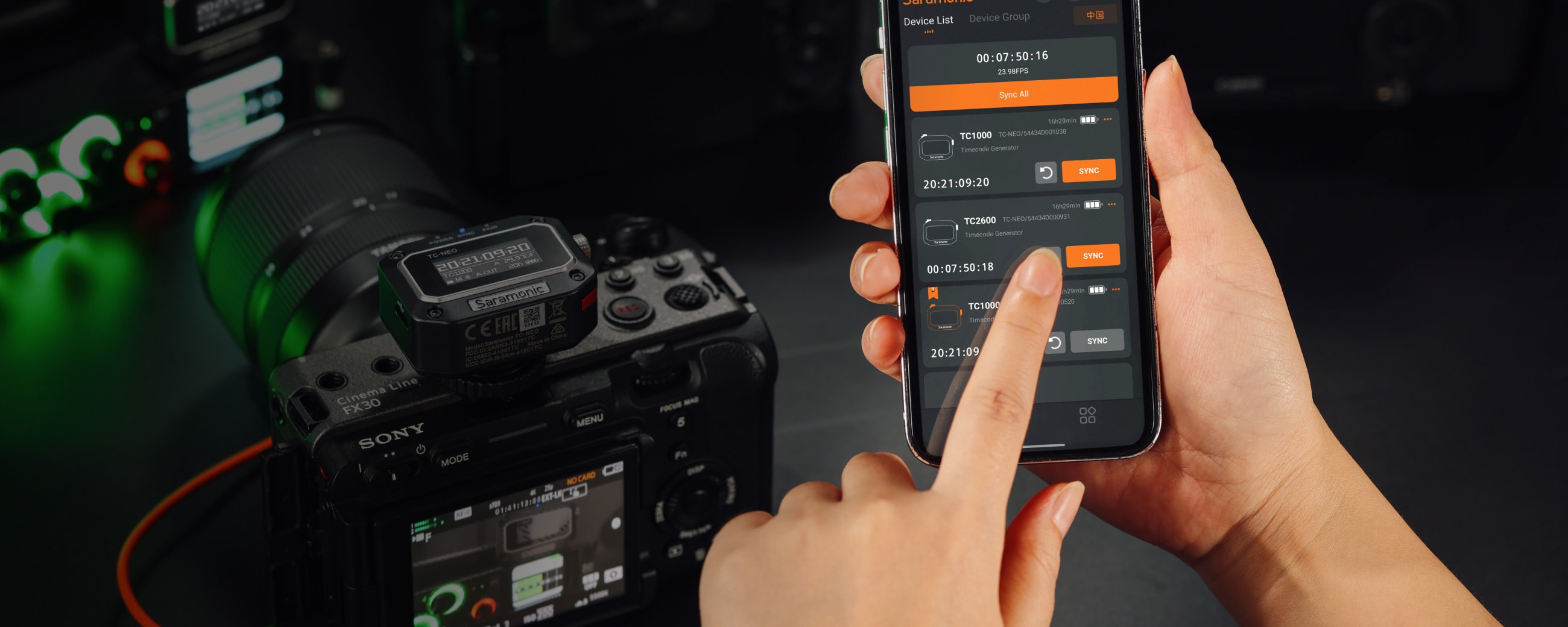 Person using a smartphone to control a camera displayed on the phone's screen