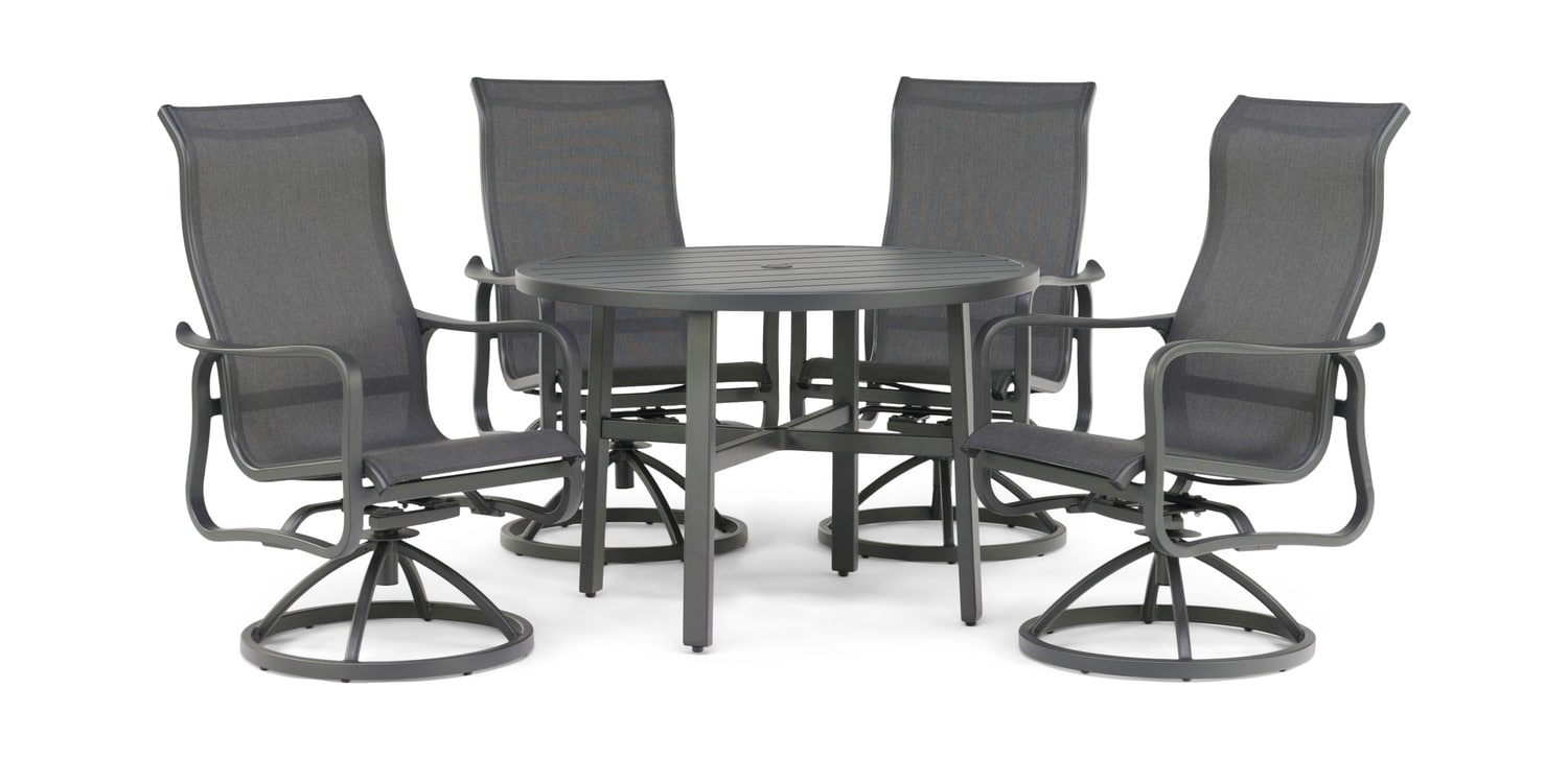 Outdoor patio set with one rectangular table and six swivel chairs, all in gray
