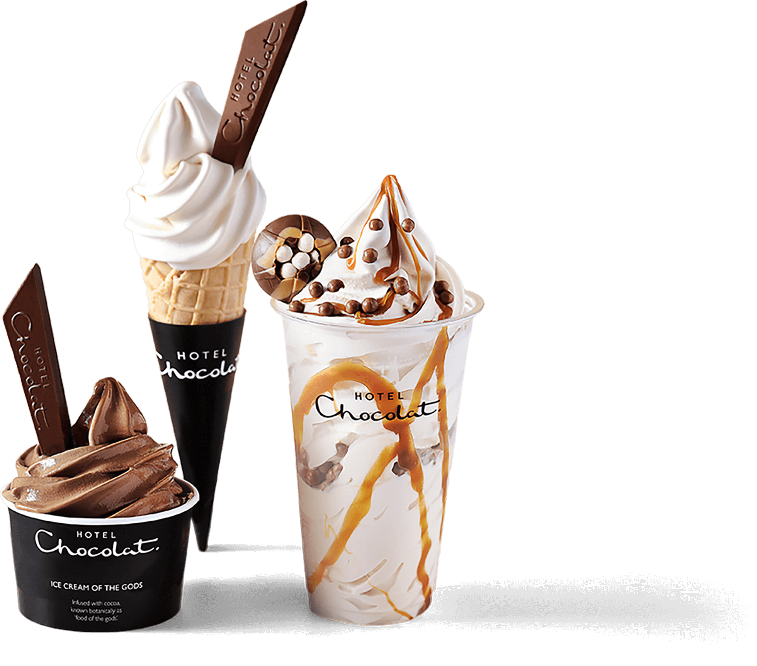 Three different chocolate desserts: a sundae, a soft serve cone, and a milkshake, all with toppings