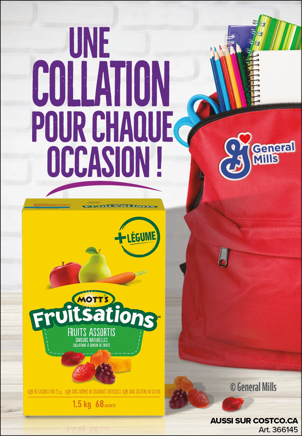 Publicité pour Mott's Fruitsations, montrant une boîte de compote de fruits et un sac d'école avec des fournitures