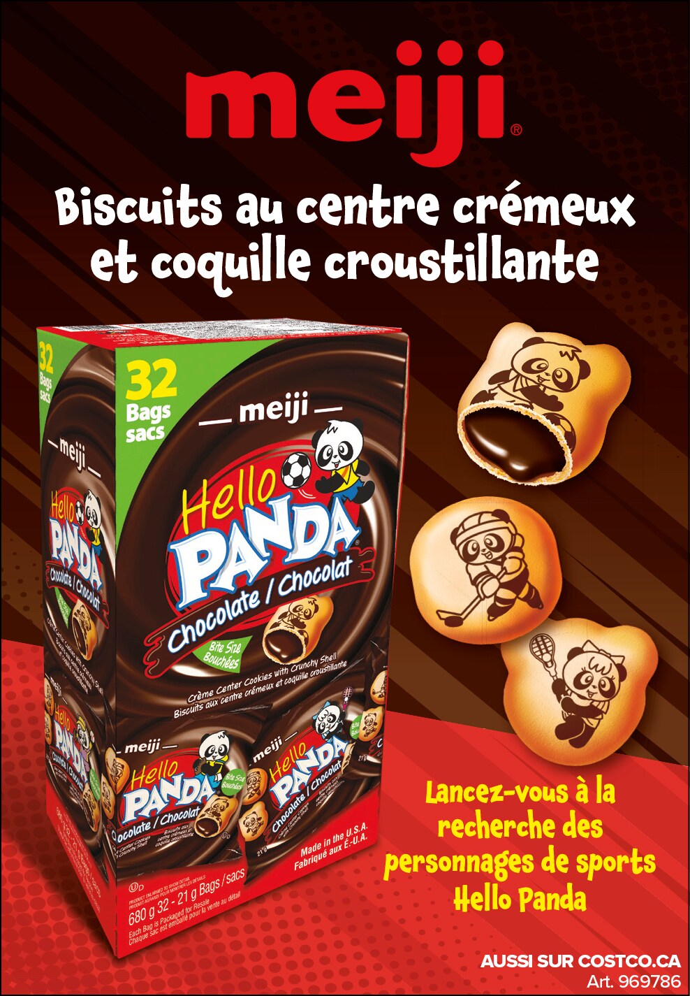 Publicité pour biscuits Meiji Hello Panda avec centre crémeux et coquille croustillante