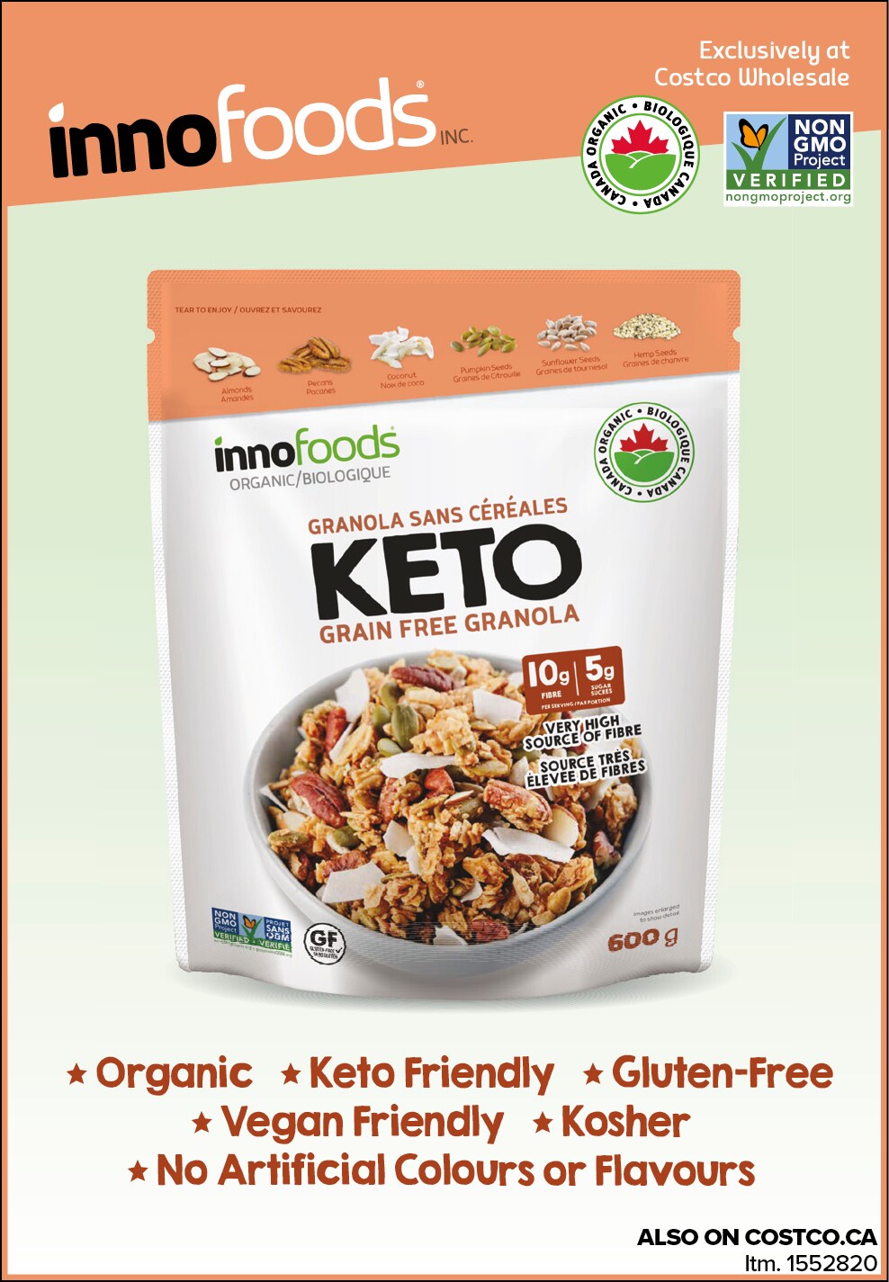 Ad for Innofoods Keto Granola, organic, gluten-free, and vegan-friendly, available at Costco