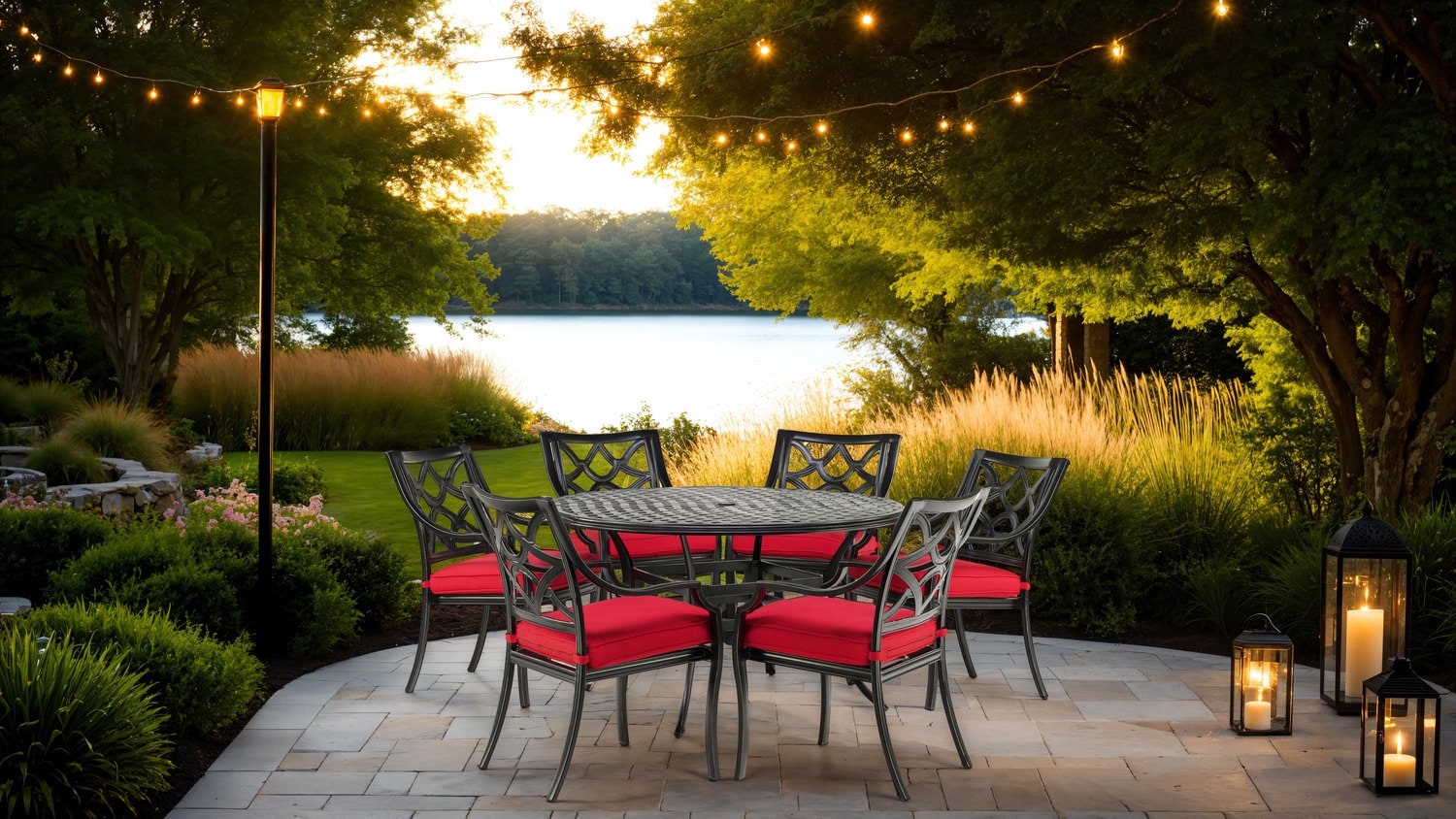 Outdoor patio with a table and chairs at sunset, overlooking a lake with string lights and lanterns