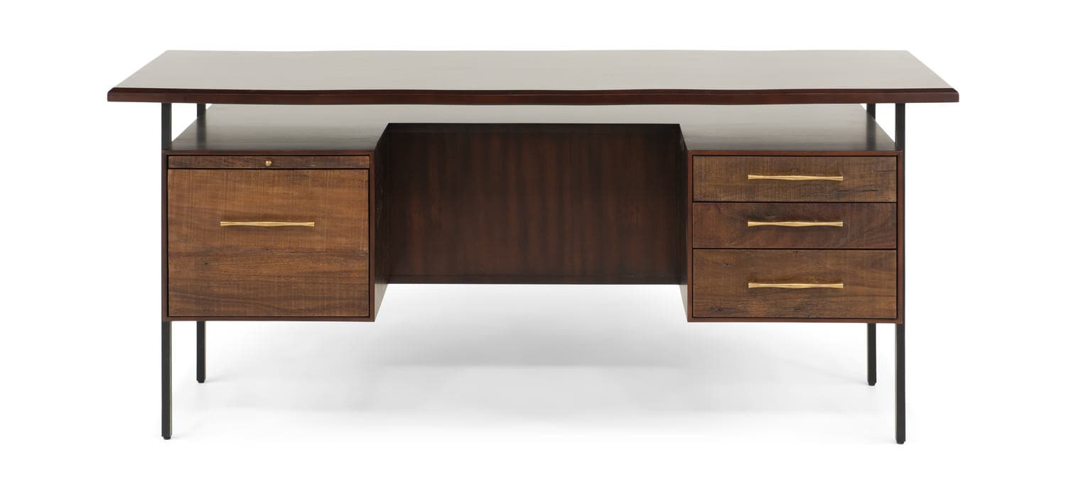 Mid-century modern desk with wooden top, flanked by drawers and a central cabinet