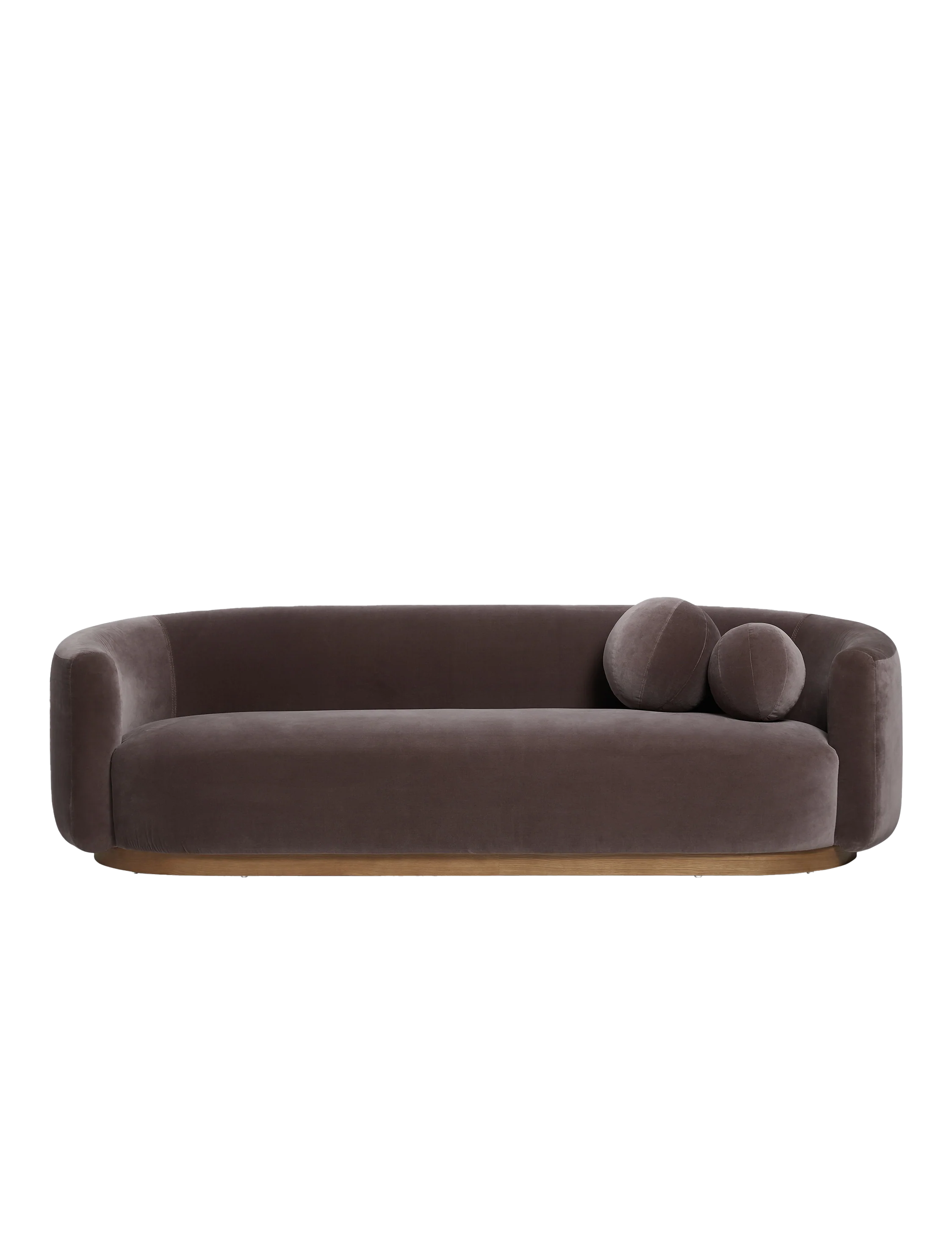 A brown velvet sofa with rounded arms and back, isolated on a white background