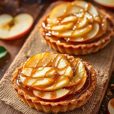 Tartlets with sliced apples and caramel glaze on a wooden table