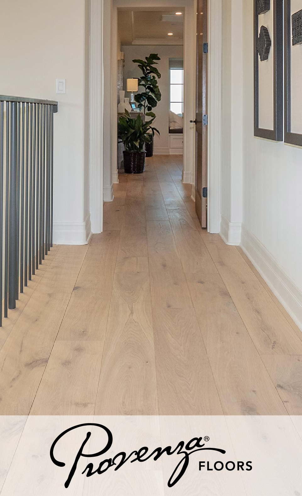 A bright hallway with Provenza wood flooring, modern decor, and a green potted plant in the distance